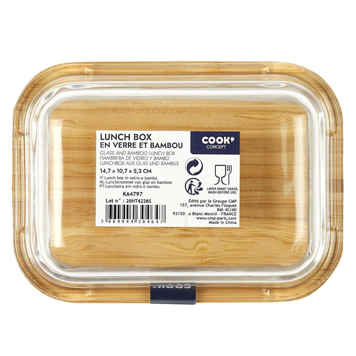 Paris Prix Lunch Box Verre & Bambou  Repas  32cl Transparent