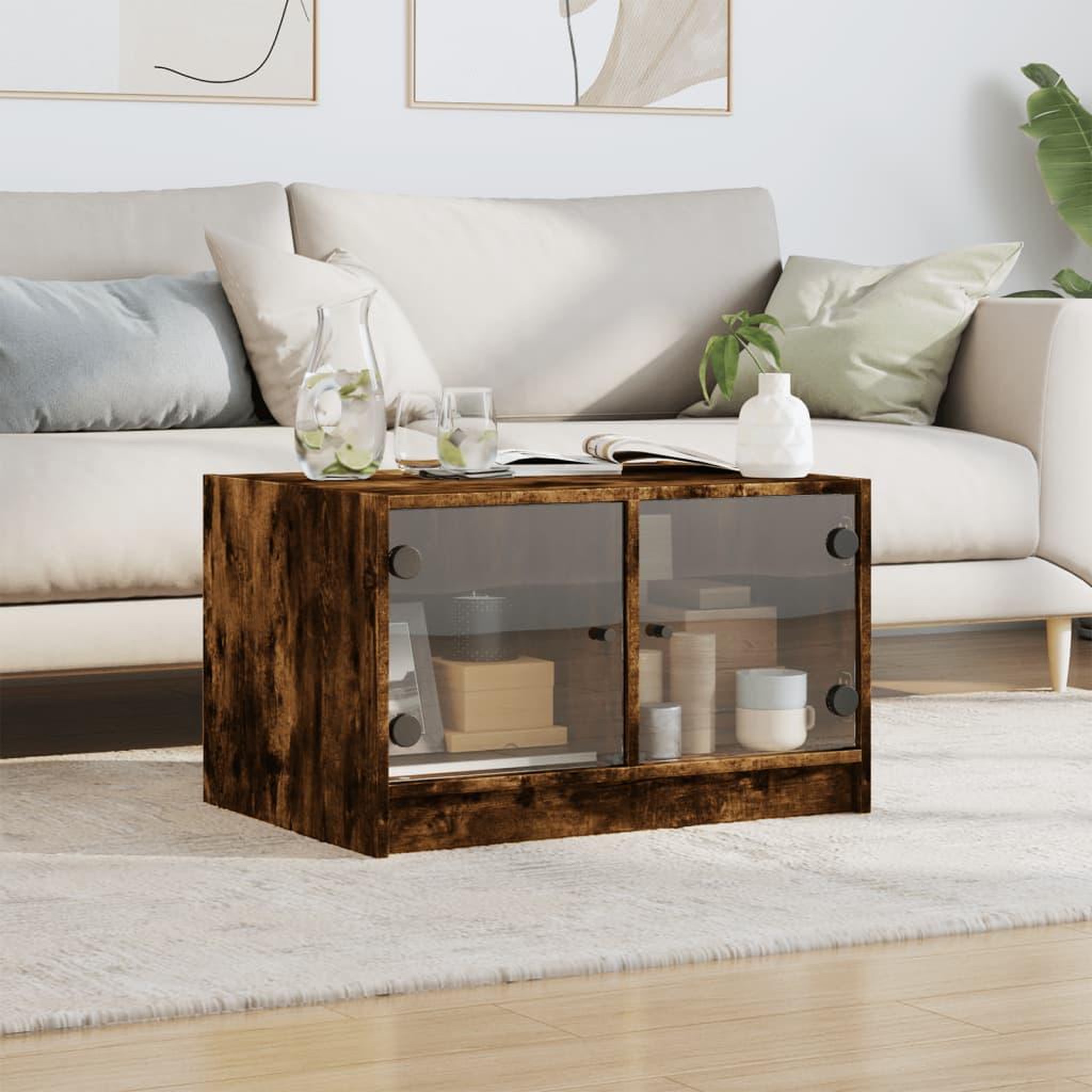 Voir la diapositive 3 : VIDAXL Table basse avec portes en verre chene fume 68x50x42 cm