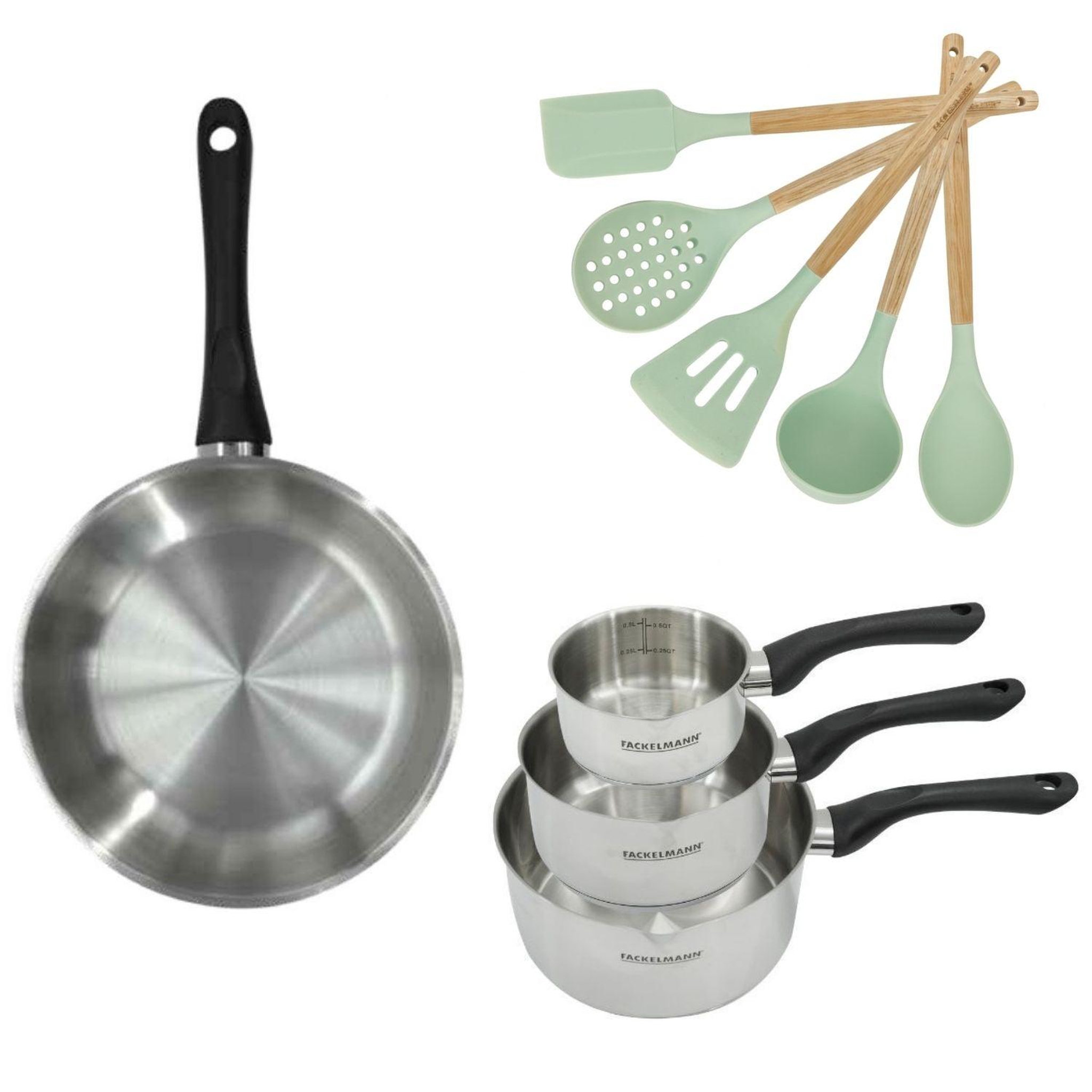 Fackelmann Batterie de cuisine avec 3 casseroles 12/16/20 cm et 1 poêle 28 cm avec 5 ustensiles de cuisine sans pfas fackelmann généva océan