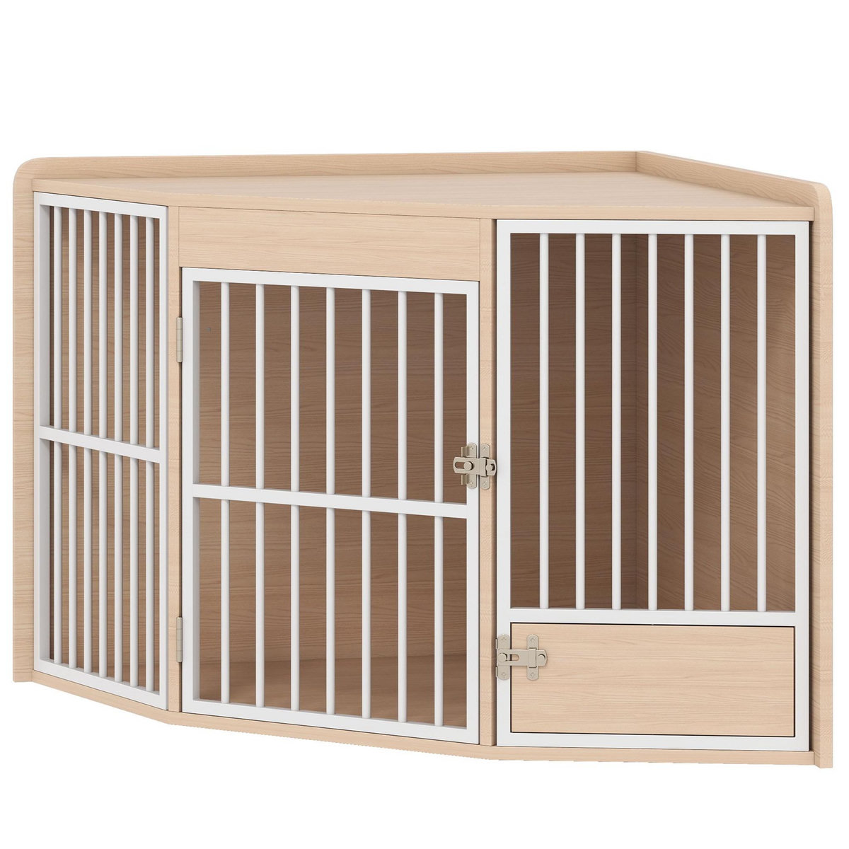 PAWHUT Cage d'angle pour chien en bois clair dim. 113 x 80 x 64 cm porte entrée + porte rotative alimentation