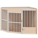 PAWHUT Cage d'angle pour chien en bois clair dim. 113 x 80 x 64 cm porte entrée + porte rotative alimentation