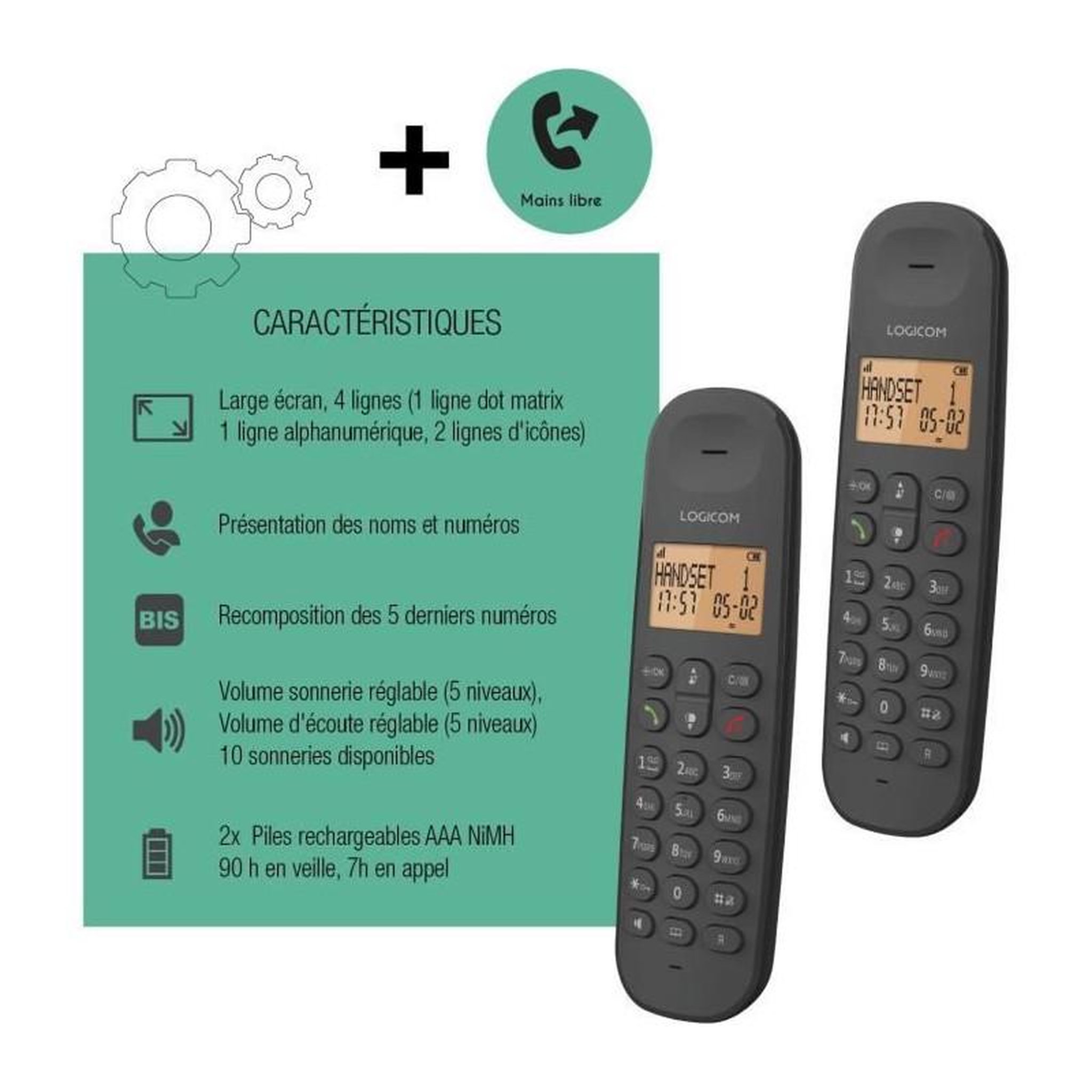 Voir la diapositive 6 : Logicom Téléphone fixe sans fil - LOGICOM - DECT ILOA 250 DUO - Noir - Sans répondeur