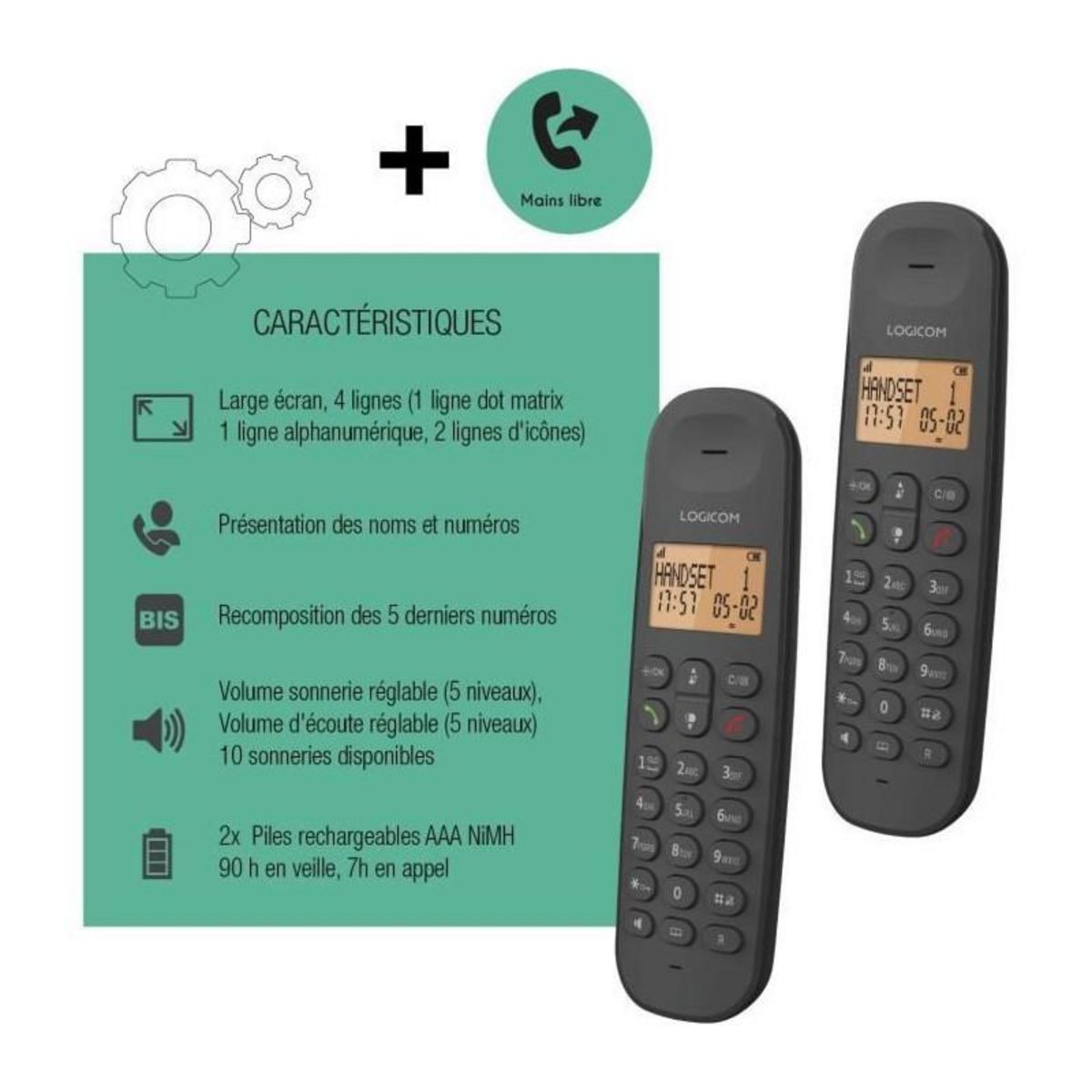 Logicom Téléphone fixe sans fil - LOGICOM - DECT ILOA 250 DUO - Noir - Sans répondeur