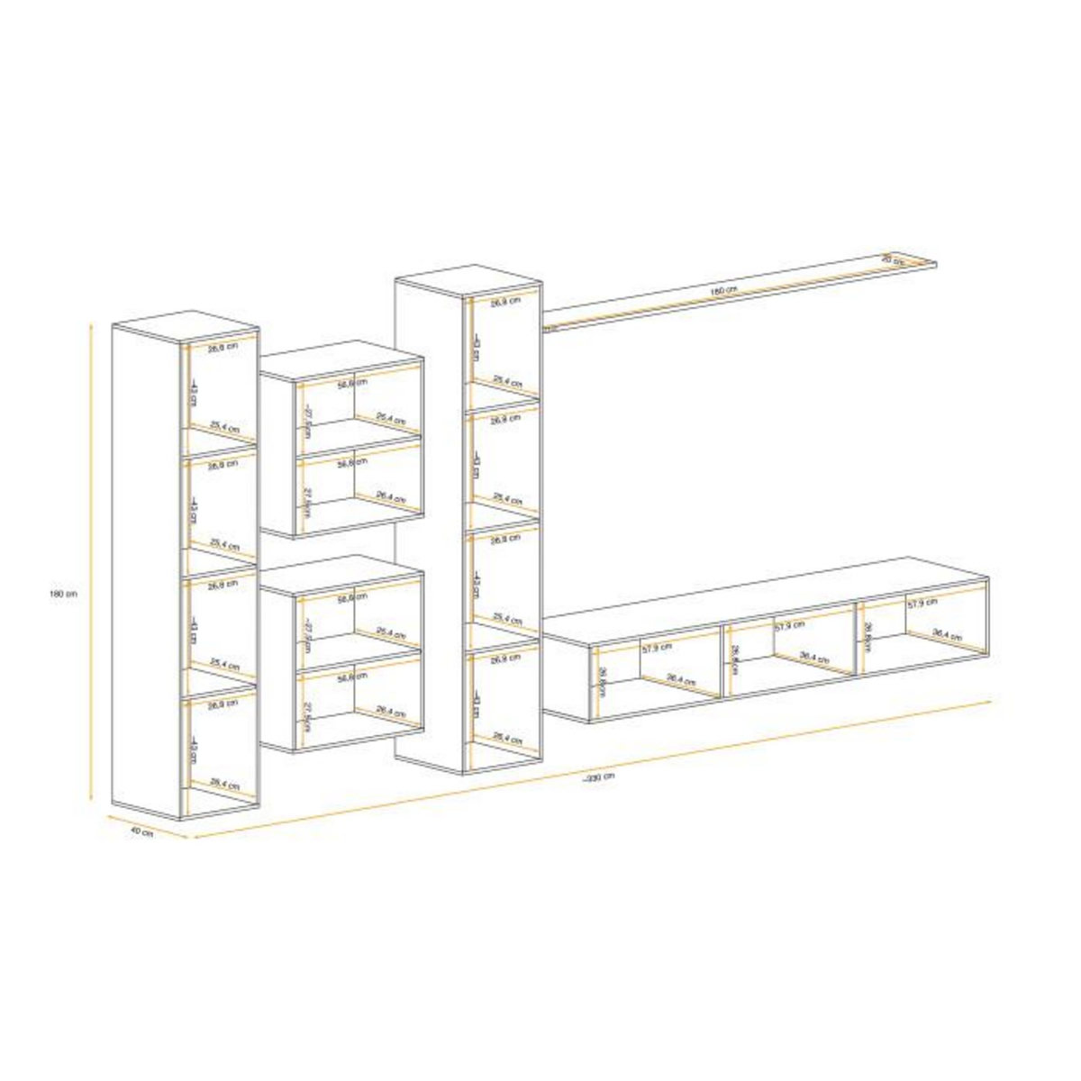 Paris Prix Meuble TV Mural Design  Switch VI  330cm Naturel & Blanc