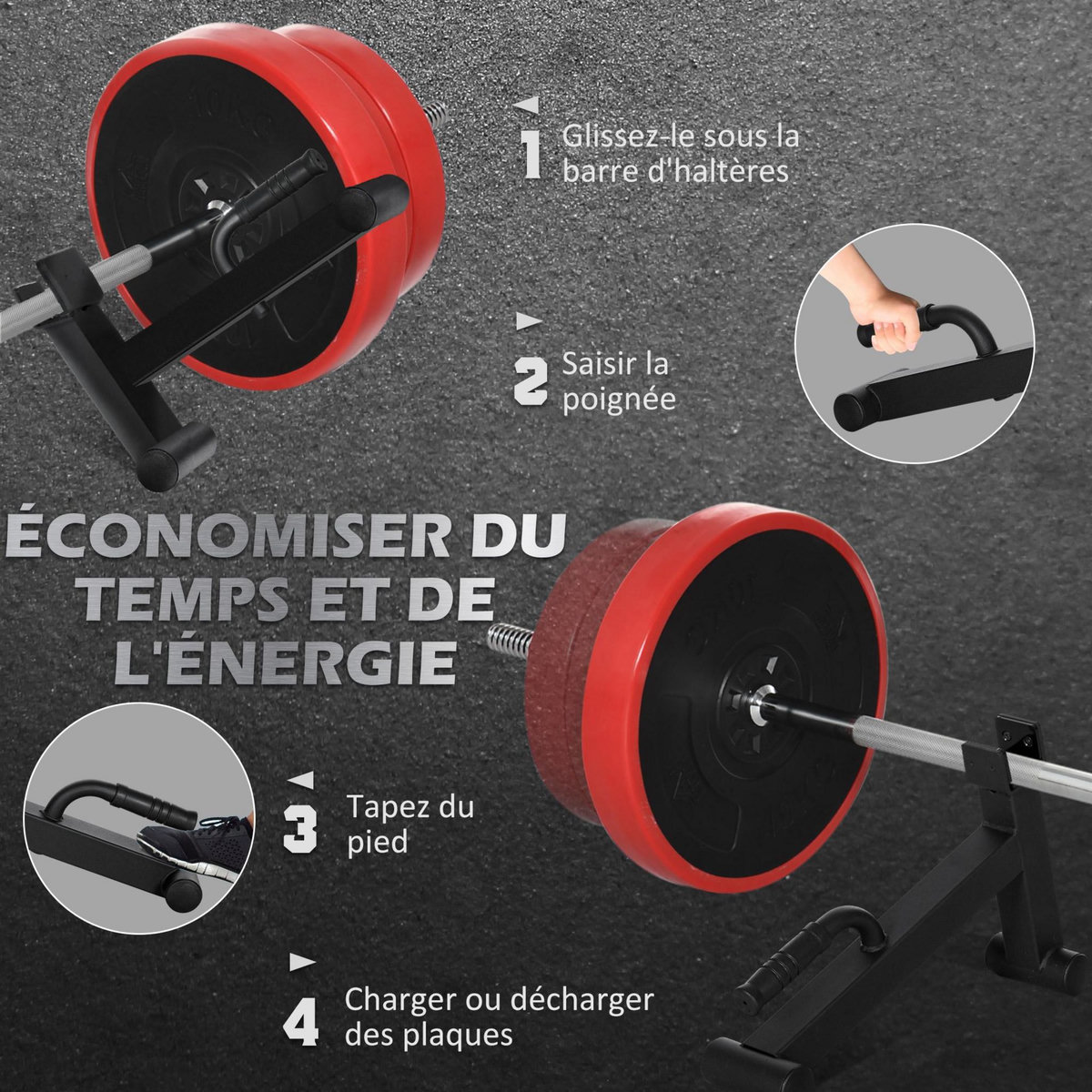 HOMCOM Mini Deadlift pour haltères olympiques - cric d'haltères avec poignée antidérapante - charge max. 200 Kg - acier noir