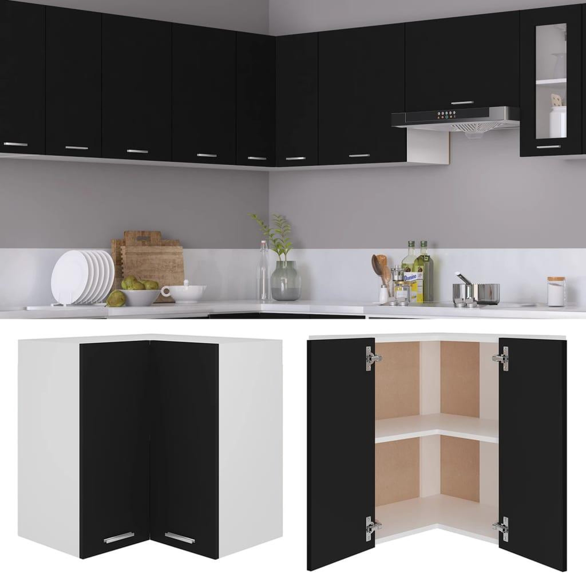 Voir la diapositive 2 : VIDAXL Armoire d'angle suspendue Noir 57x57x60 cm Bois d'ingenierie