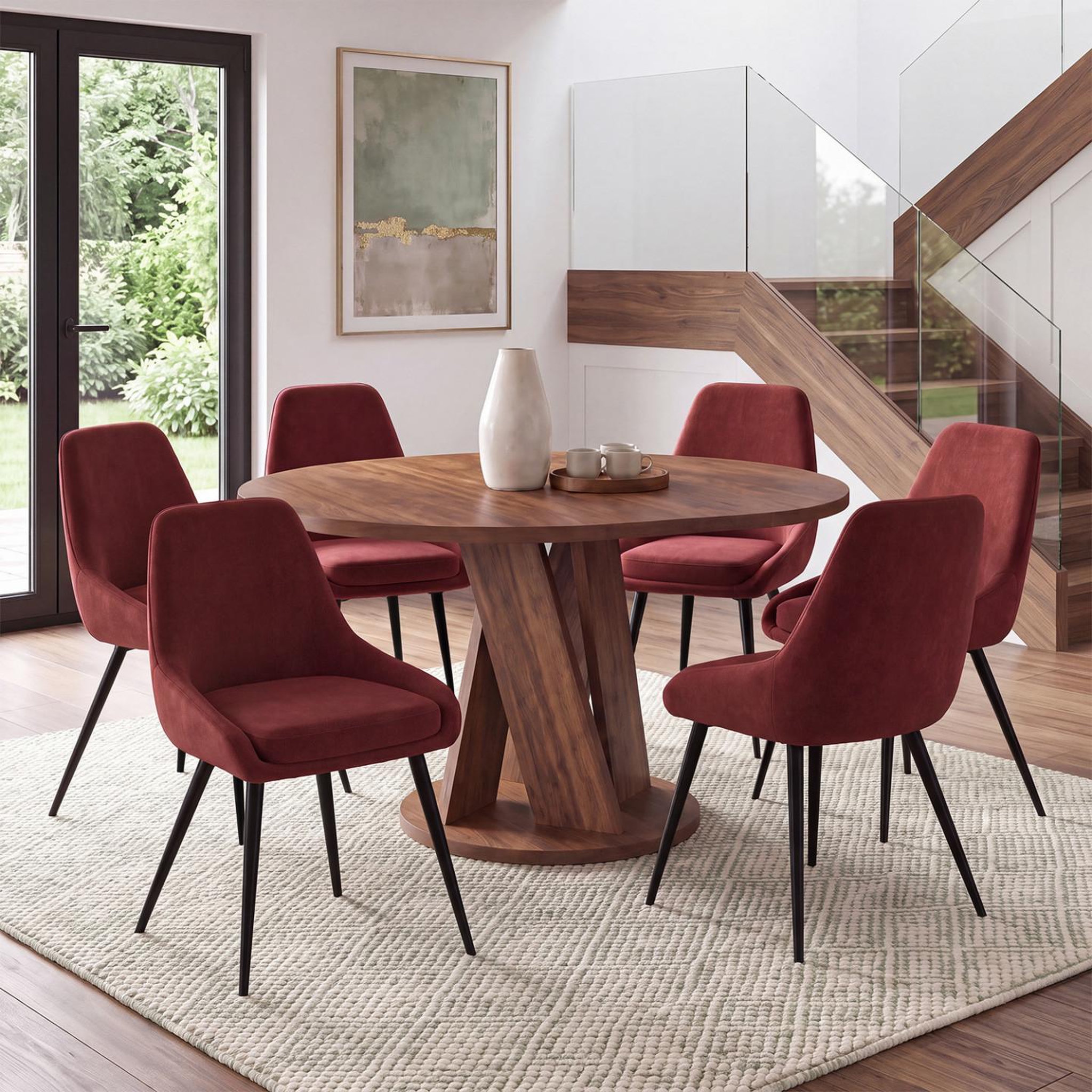 Voir la diapositive 2 : ID MARKET Lot de 6 chaises THALYA en velours bordeaux avec accoudoirs