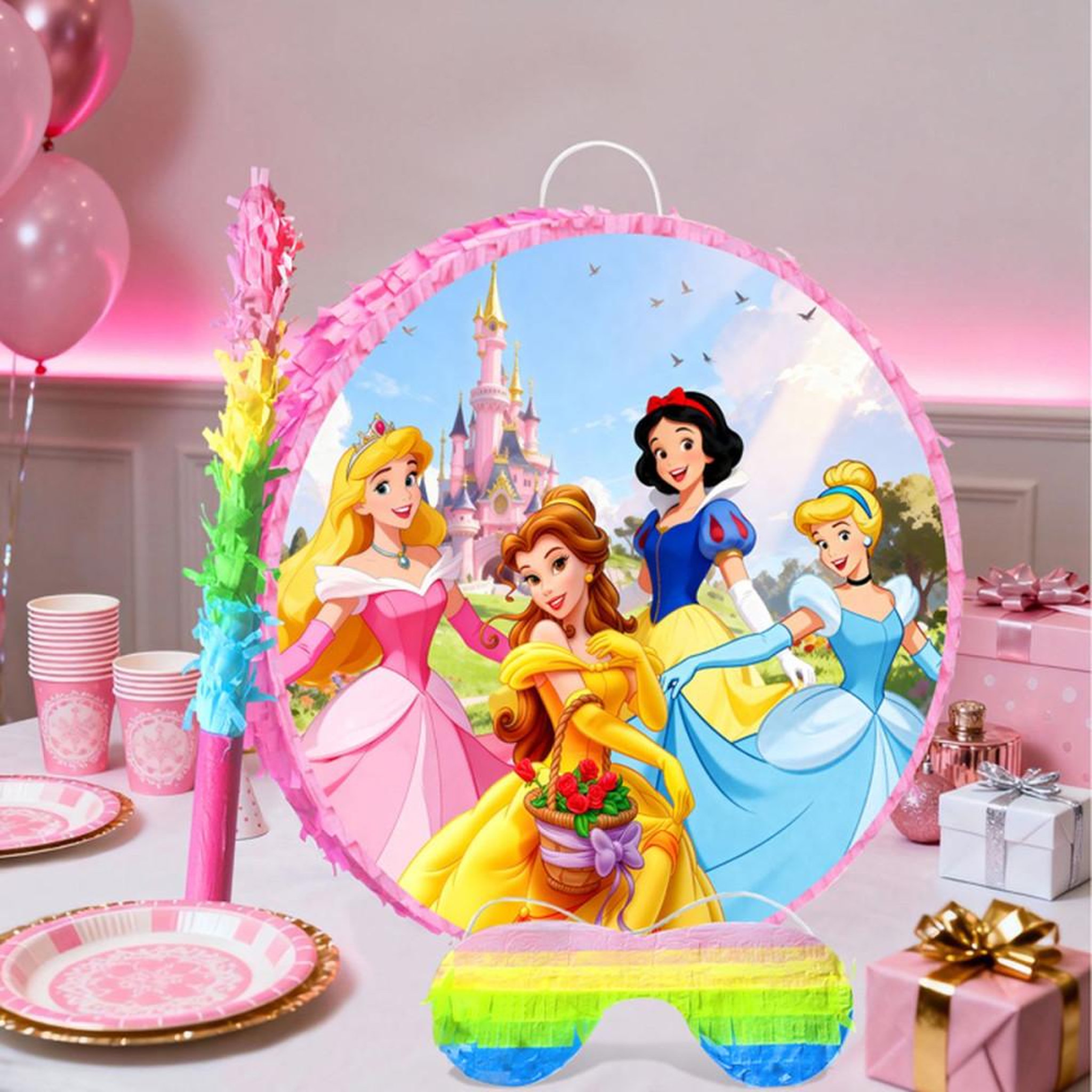 Voir la diapositive 5 : Piñata princesse ronde multicolore avec masque pour les yeux, bâton, confettis et anneau de suspension