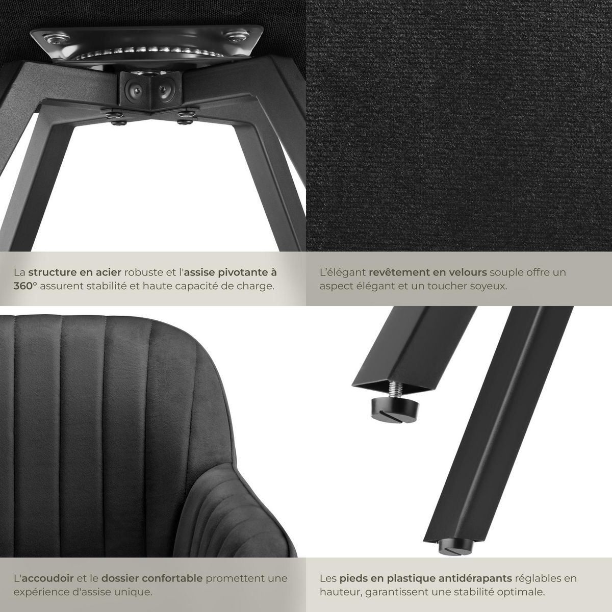 tectake Chaise pivotante avec accoudoirs rembourrée aspect velours noir