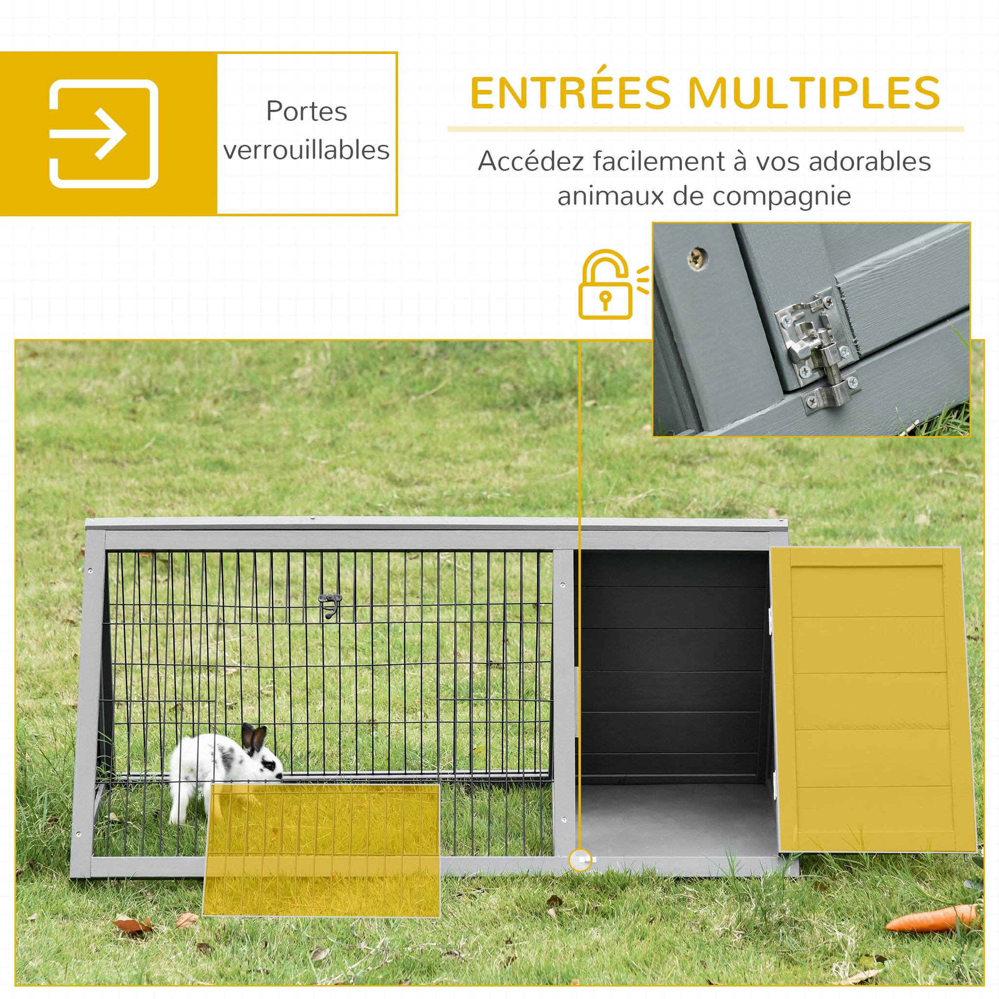 Voir la diapositive 5 : PAWHUT Clapier triangulaire de sol enclos extérieur niche double porte dim. 116l x 62l x 52,5h cm métal bois sapin gris
