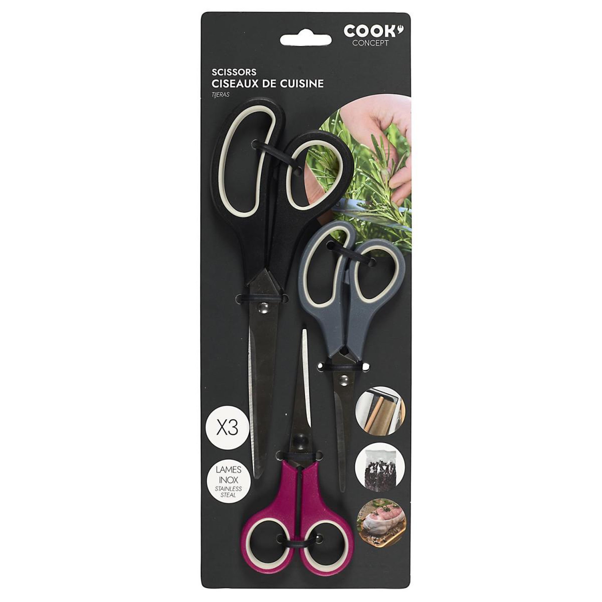 Voir la diapositive 5 : COOK CONCEPT Lot de 3 ciseaux de cuisine  inox  19cm multicolore