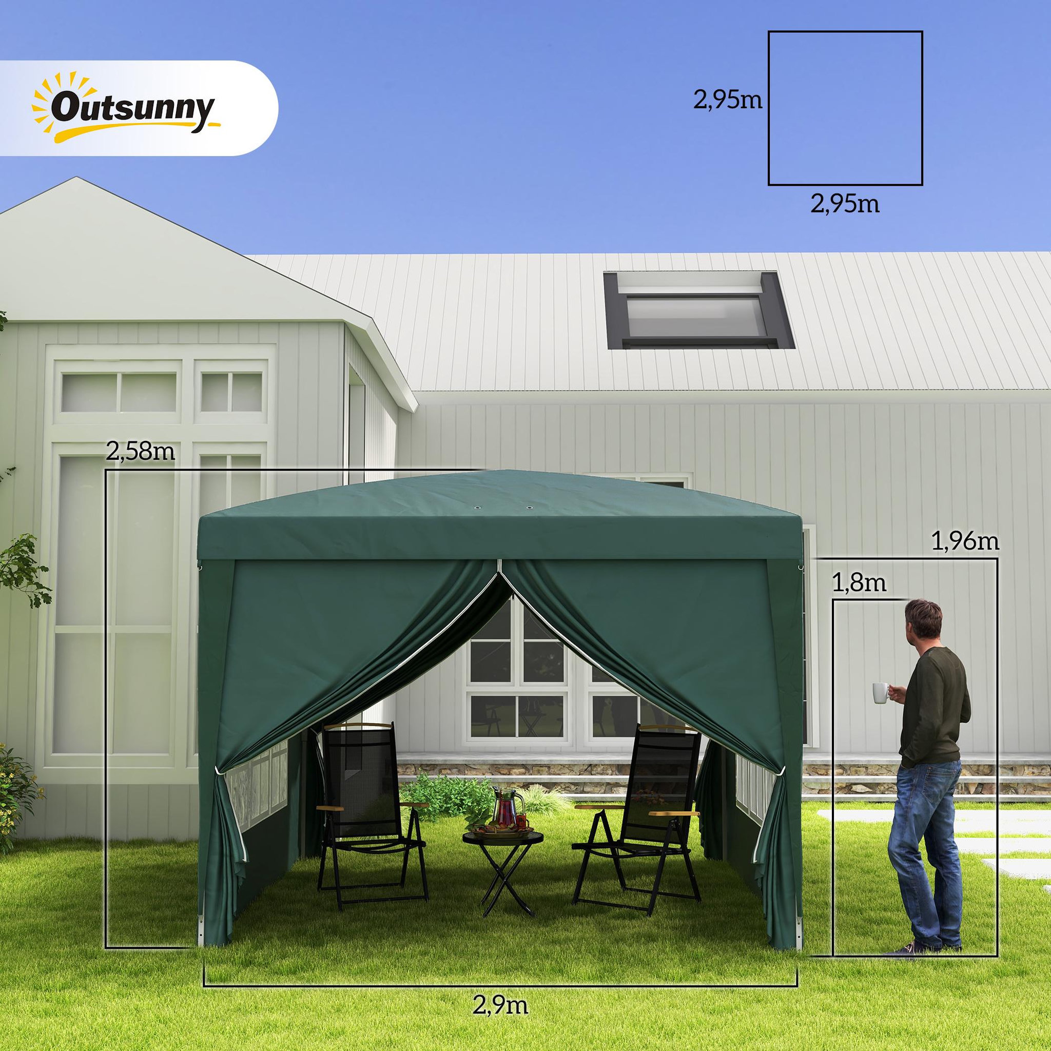 Voir la diapositive 3 : OUTSUNNY Tonnelle barnum pop-up pliant dim. 3L x 3l x 2,58H m 2 fenêtres sac transport acier Oxford vert