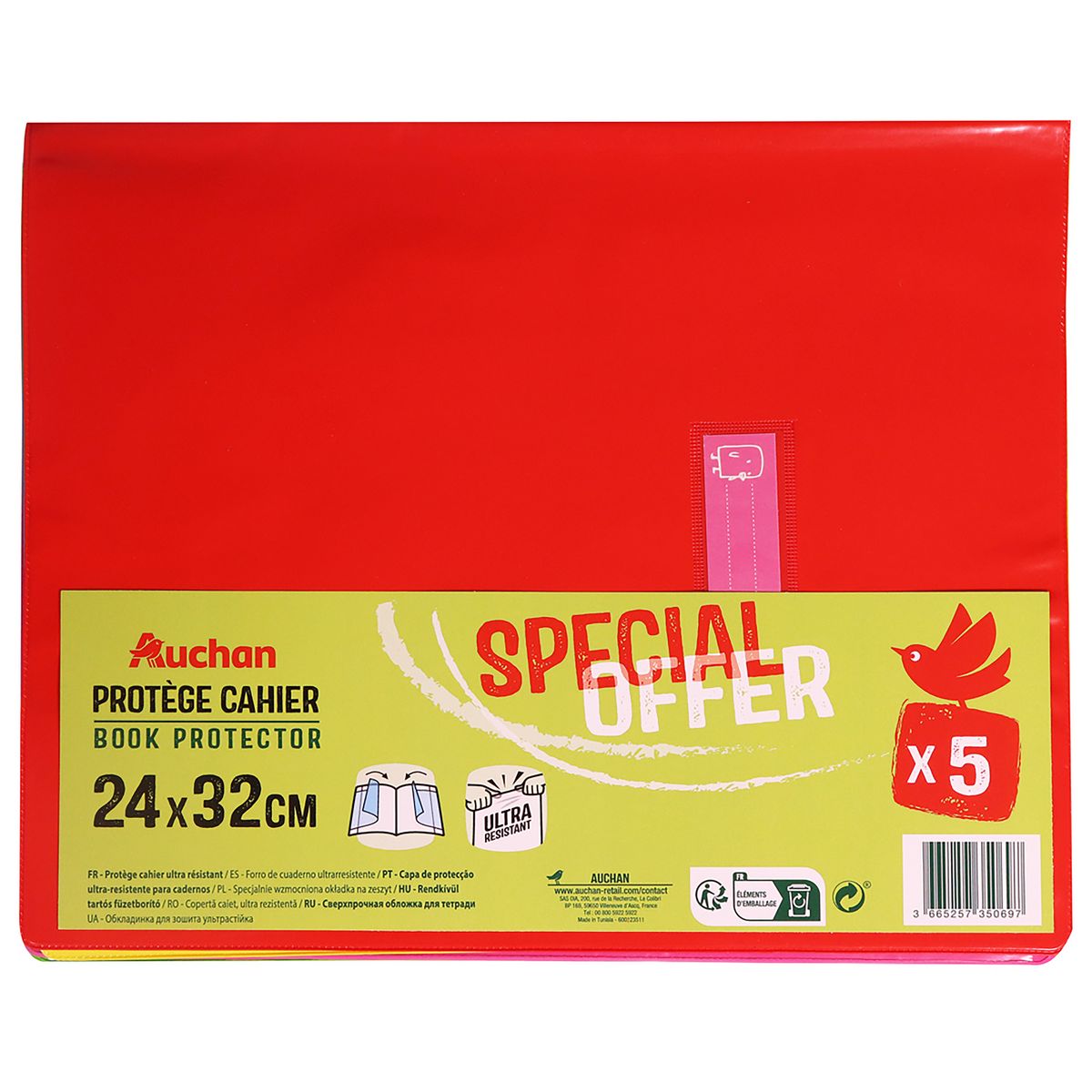 AUCHAN Lot de 5 protèges cahiers 24x32cm à rabats coloris assortis