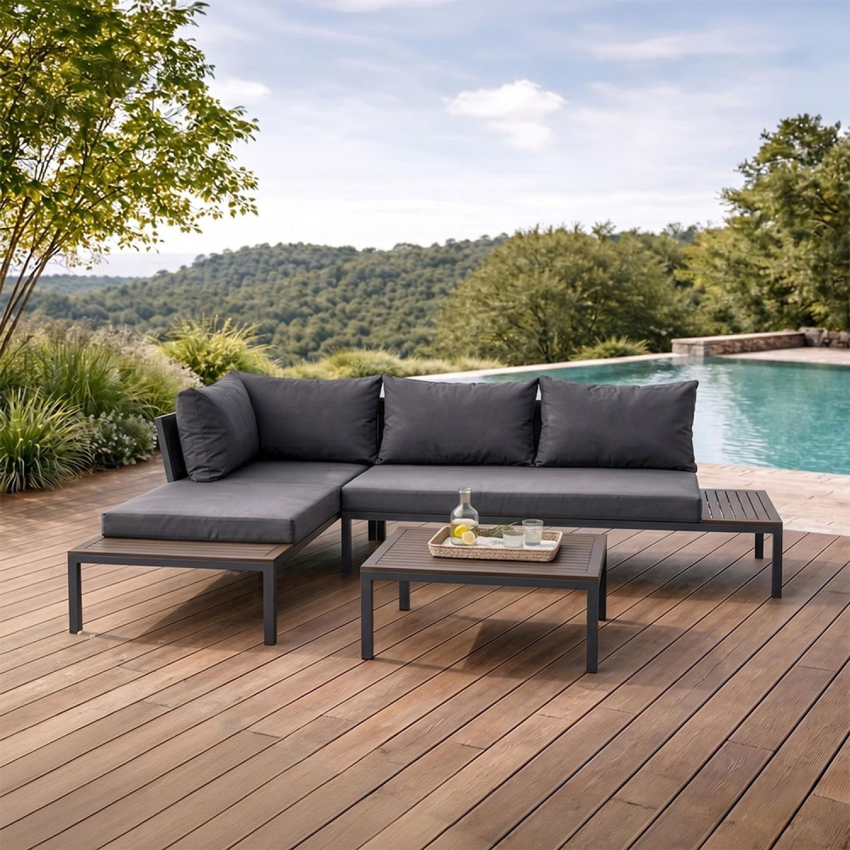 CONCEPT USINE Salon de jardin 3-4 places avec table basse gris foncé MAJURO