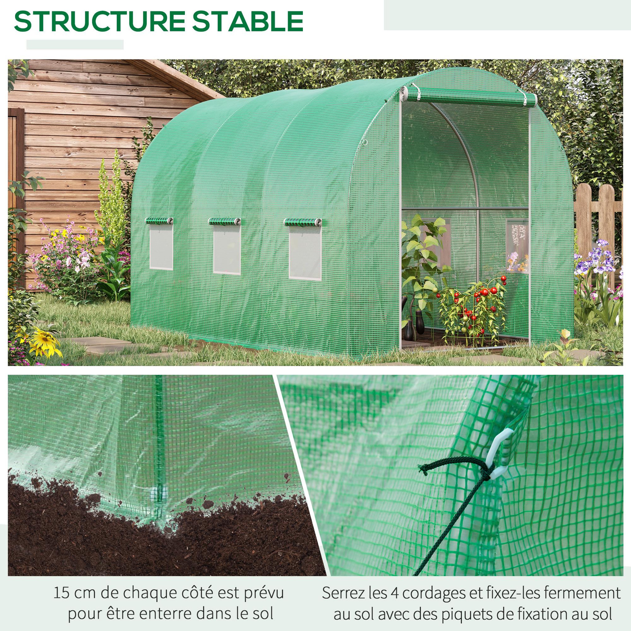 Voir la diapositive 6 : OUTSUNNY Serre de jardin tunnel surface sol 6 m² 3l x 2l x 2h m châssis tubulaire renforcé porte zippée 6 fenêtres enroulables vert
