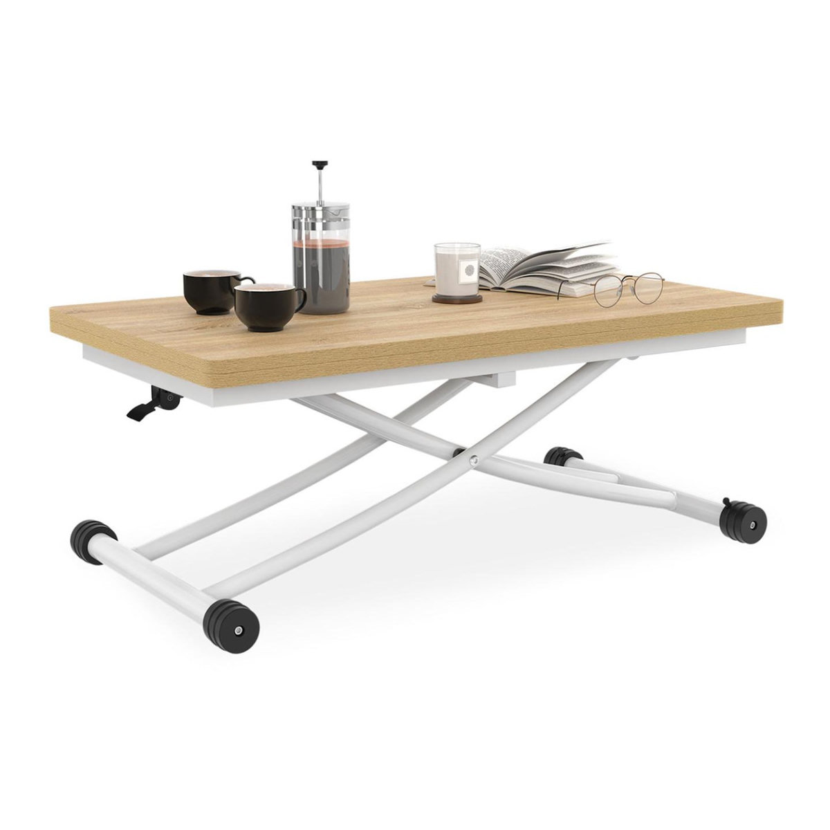 ID MARKET Table basse 2 en 1 relevable en table à manger rectangulaire URBANA 100 cm bois et blanc