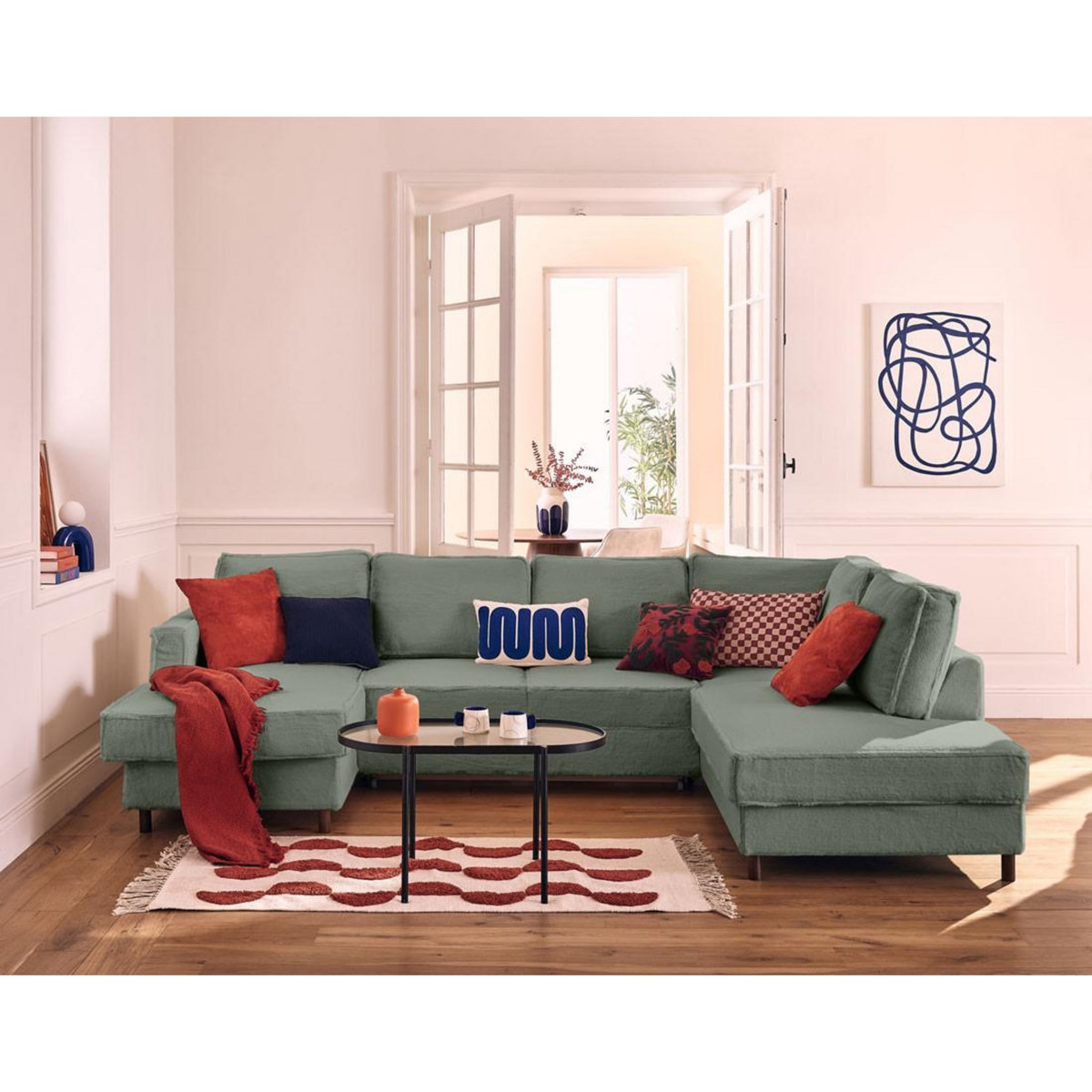 LISA DESIGN Jake - canapé panoramique d'angle droit 7 places convertible avec coffre en fausse fourrure