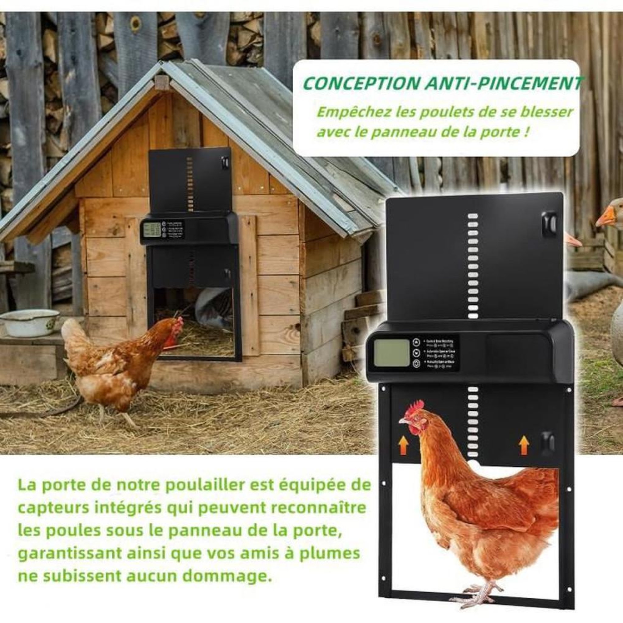 Voir la diapositive 3 : Porte de poulailler automatique LED programmable noir avec minuterie, mode manuel et sécurité anti-pincement IPX4