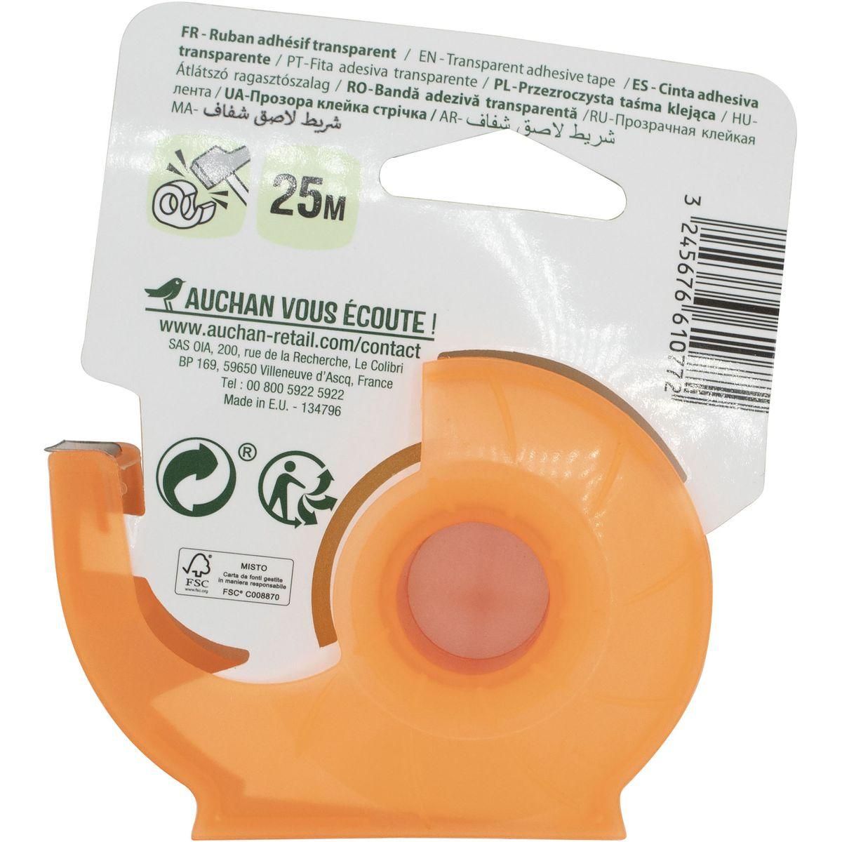 AUCHAN Rouleau ruban adhésif 25m transparent avec dévidoir orange