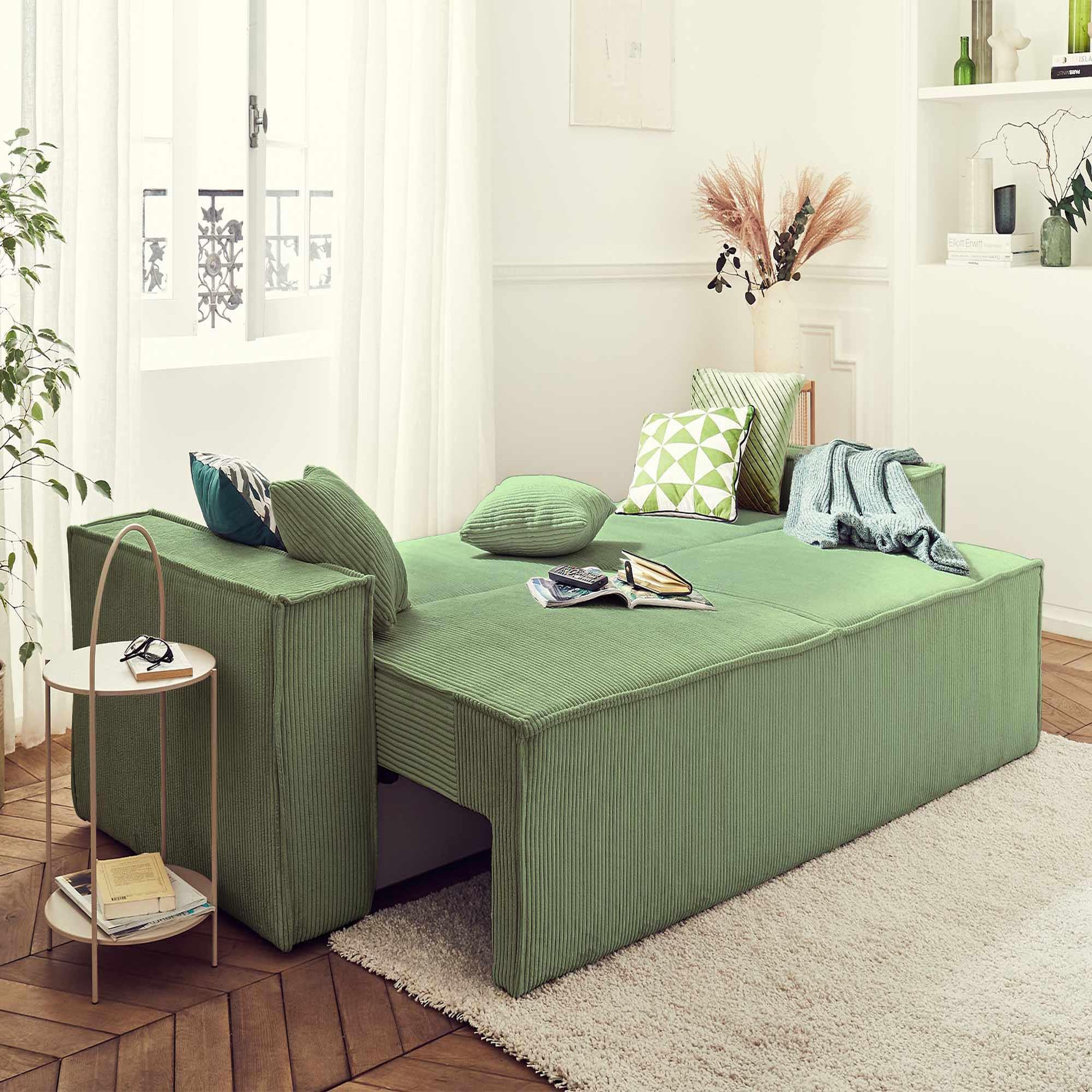 Voir la diapositive 2 : BEST MOBILIER Dellia - canapé 3 places convertible - avec coffre - en velours côtelé - style contemporain