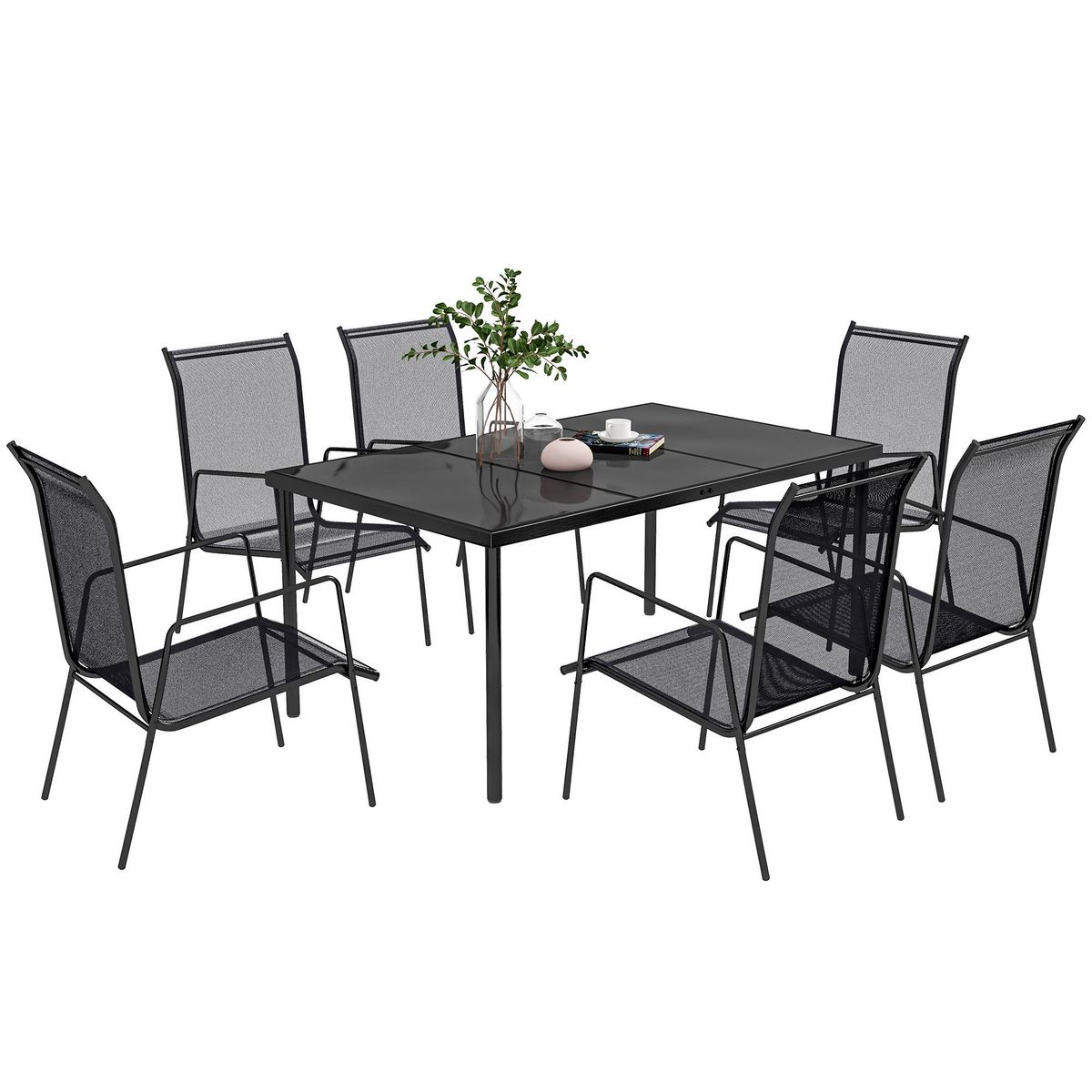 OUTSUNNY Ensemble de jardin 6 pers. 6 chaises empilables table plateau verre trempé 5 mm métal époxy textilène noir