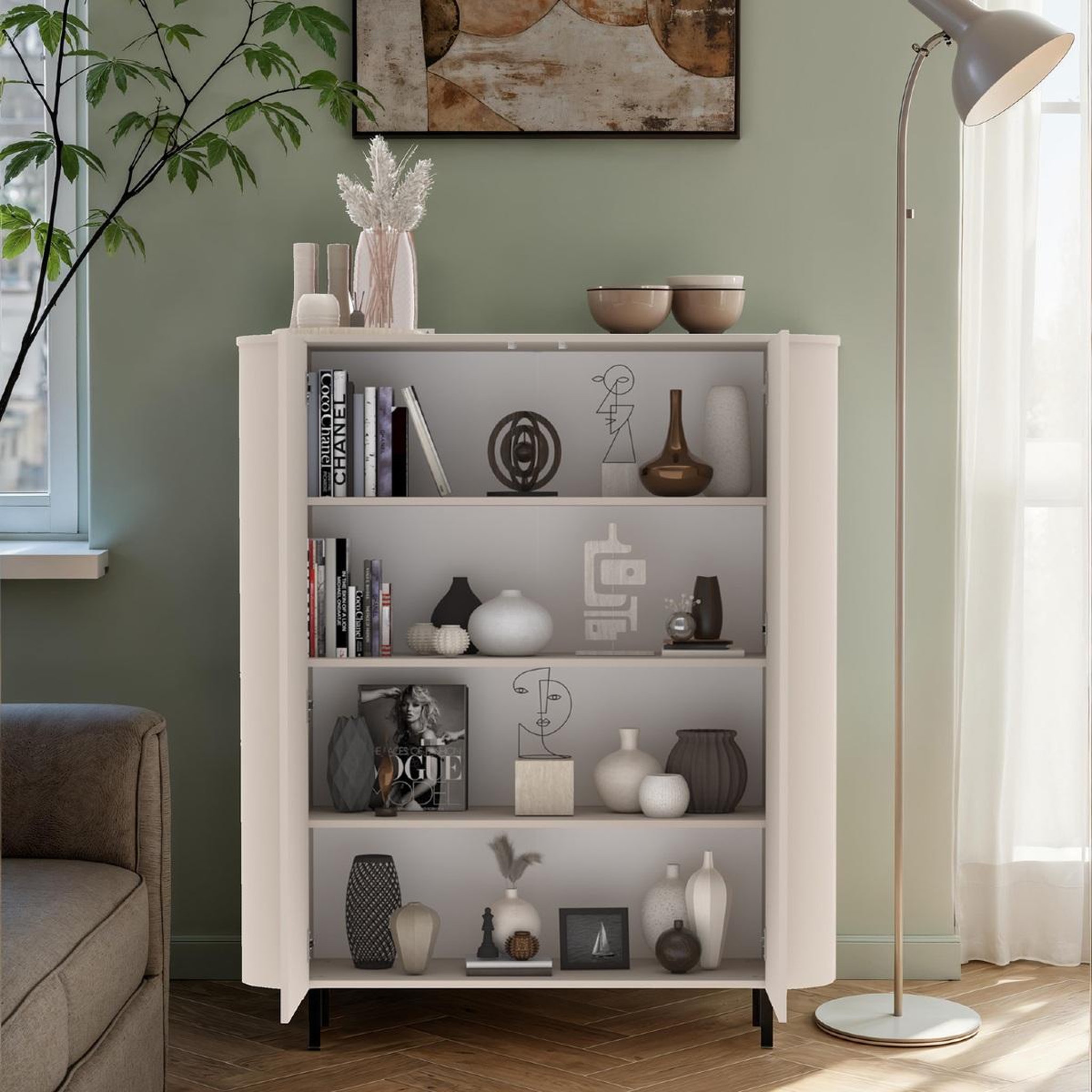Voir la diapositive 4 : JLC KREATION Argentier-bar arrondi 2 portes beige cachemire olga