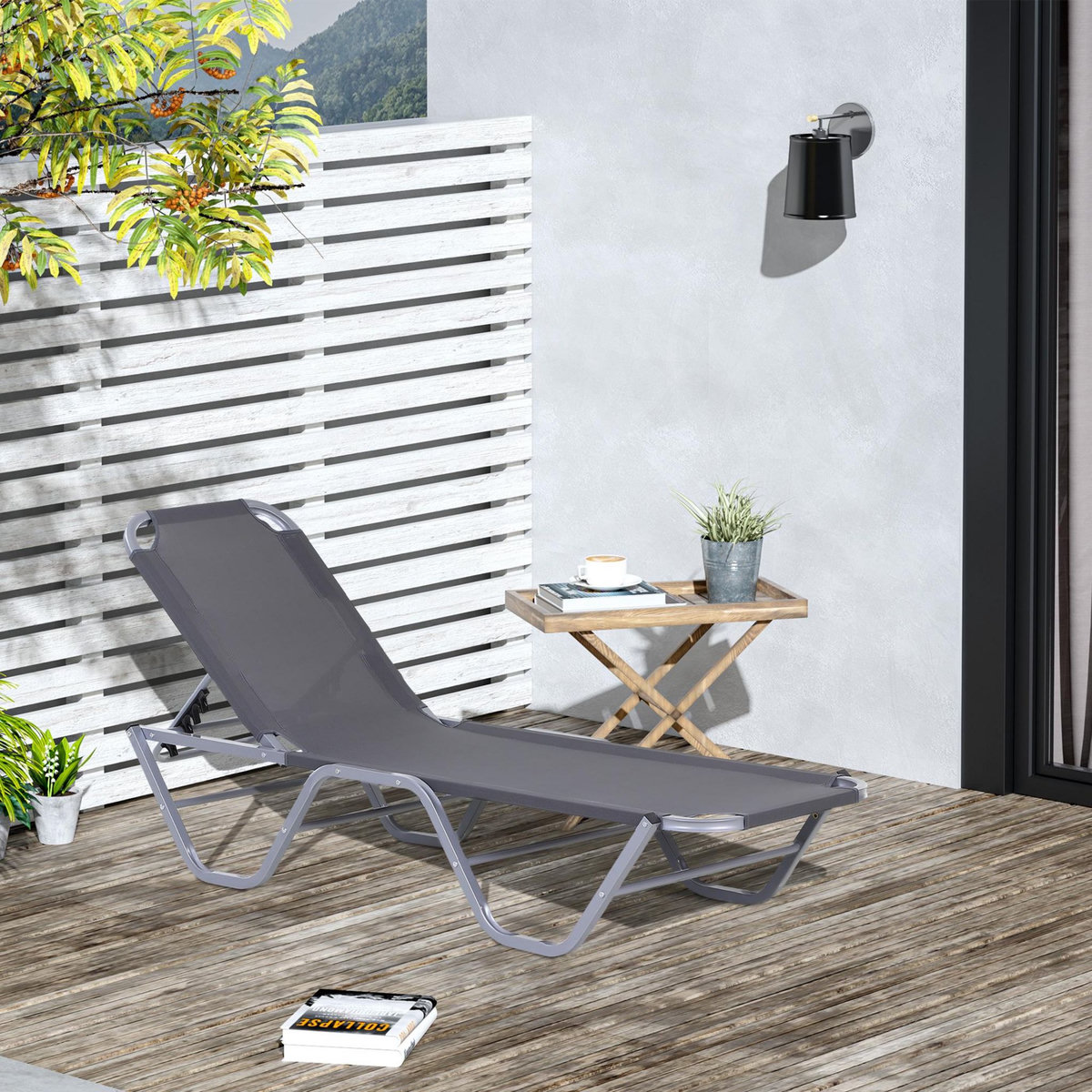 OUTSUNNY Bain de soleil transat design contemporain dossier inclinable multi-positions alu textilène gris