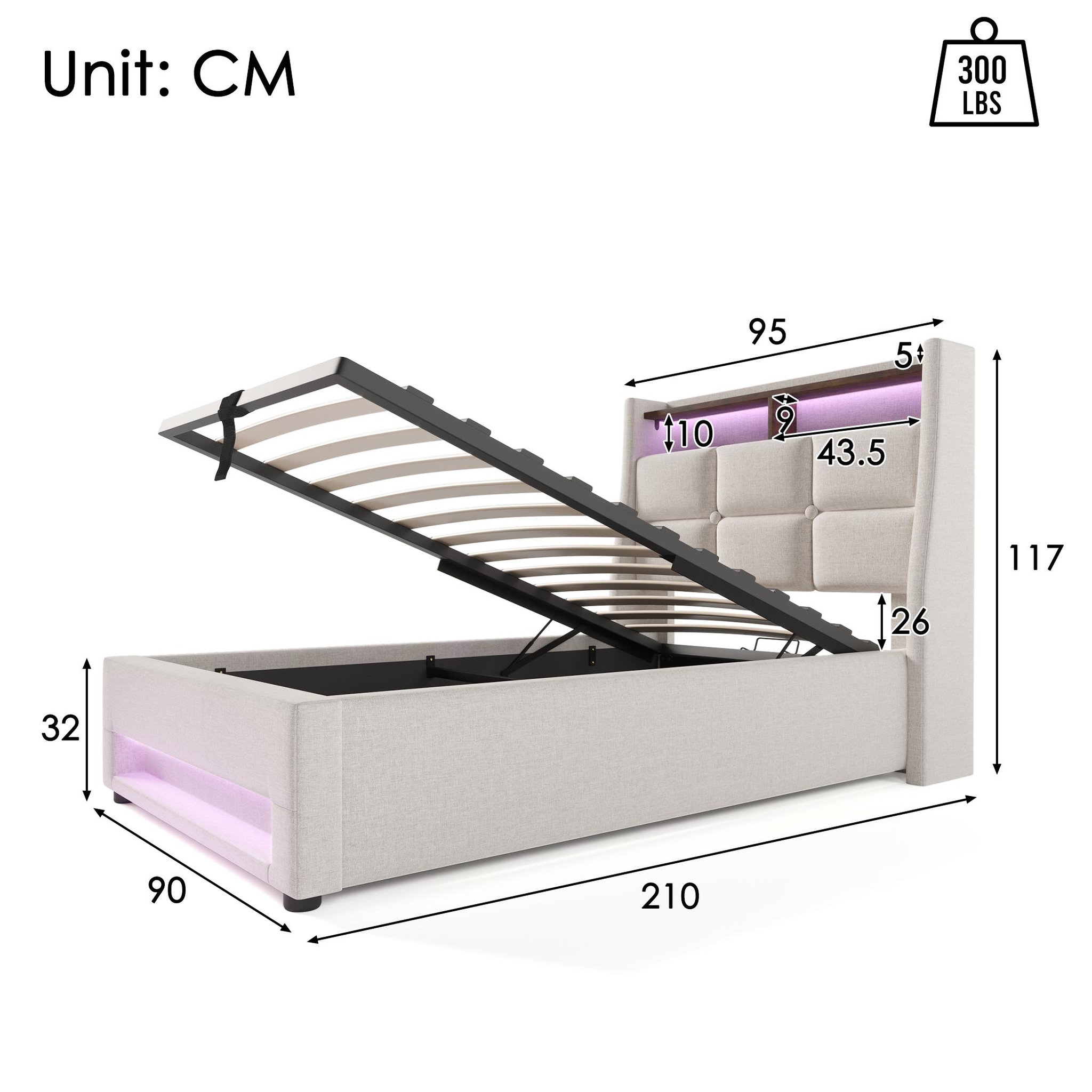 Voir la diapositive 4 : MERAX Lit coffre avec USB et LED Lin gris