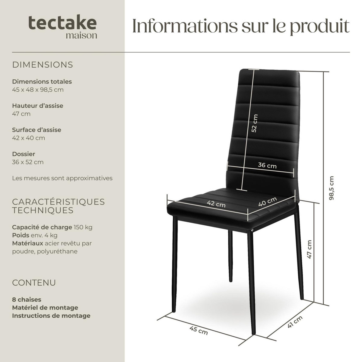 tectake Ensemble de chaises de salle à manger rembourrées avec revêtement aspect cuir noir Lot de 8