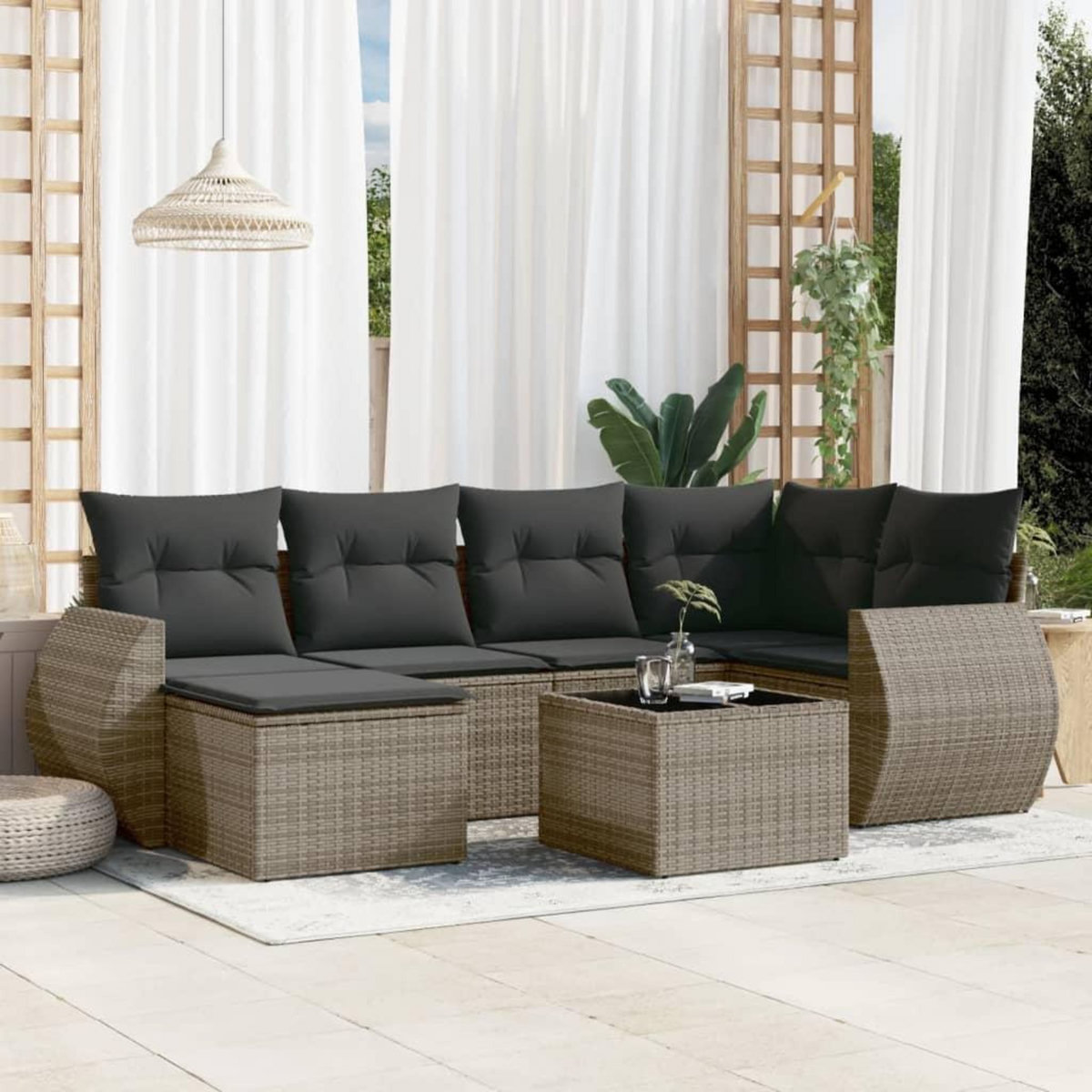 VIDAXL Salon de jardin avec coussins 7 pcs gris resine tressee