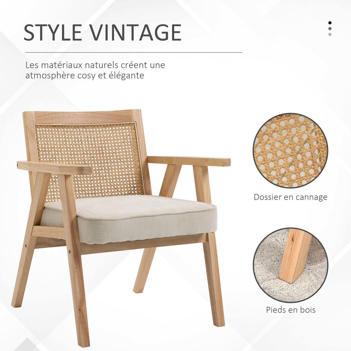 HOMCOM Fauteuil lounge avec coussin - dossier en cannage - assise profonde - accoudoirs - structure bois hévéa - aspect lin beige