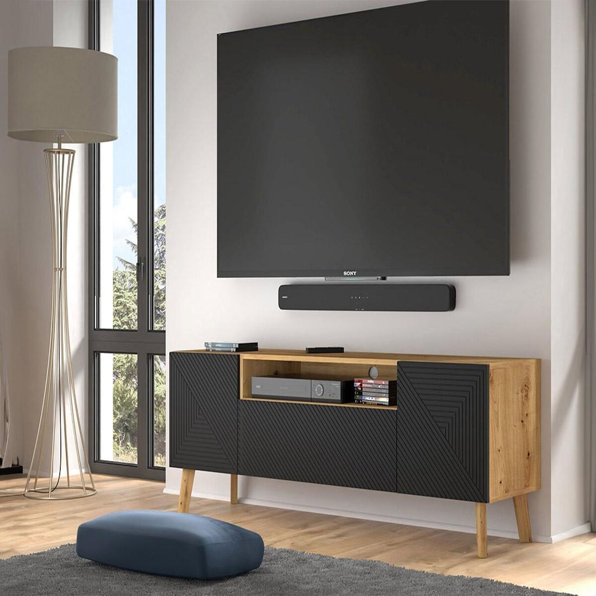 BEST MOBILIER Velato - meuble tv - effet bois et noir - 3 portes et 1 niche - 160 cm