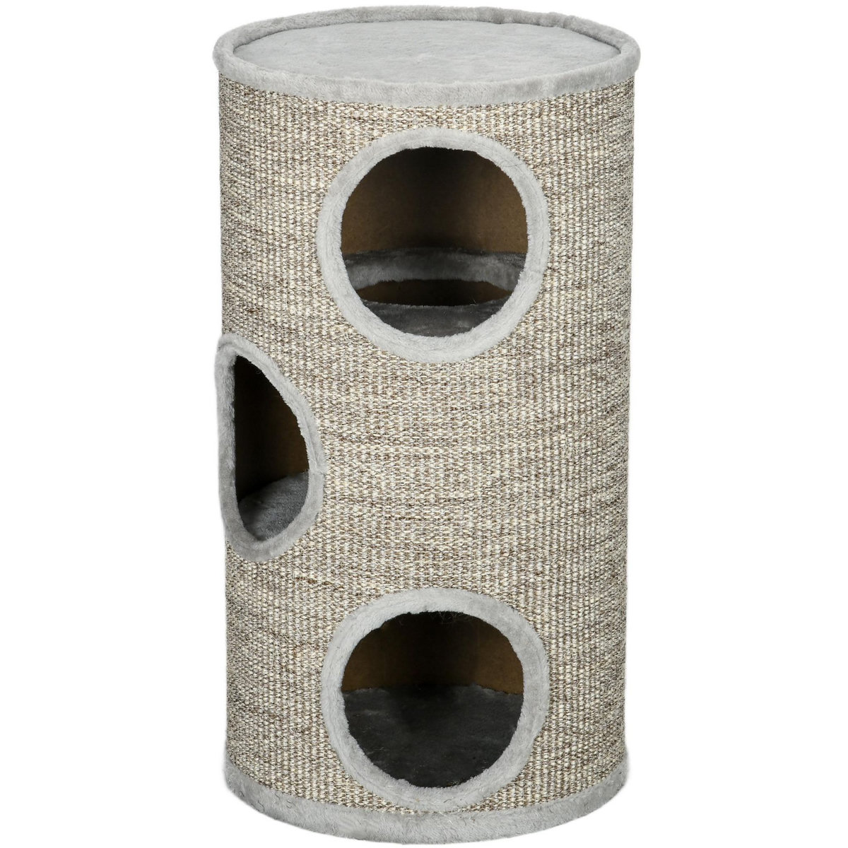 PAWHUT Arbre à chat cylindrique - tour à griffer pour chat - tonneau griffoir - 3 niveaux + plateforme - sisal peluche gris clair