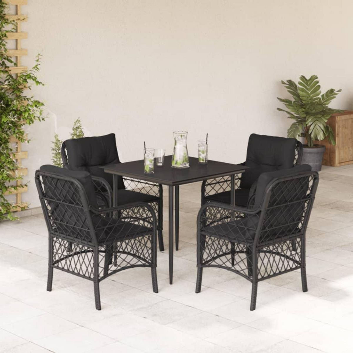 VIDAXL Ensemble a manger de jardin coussins 5pcs Noir Resine tressee