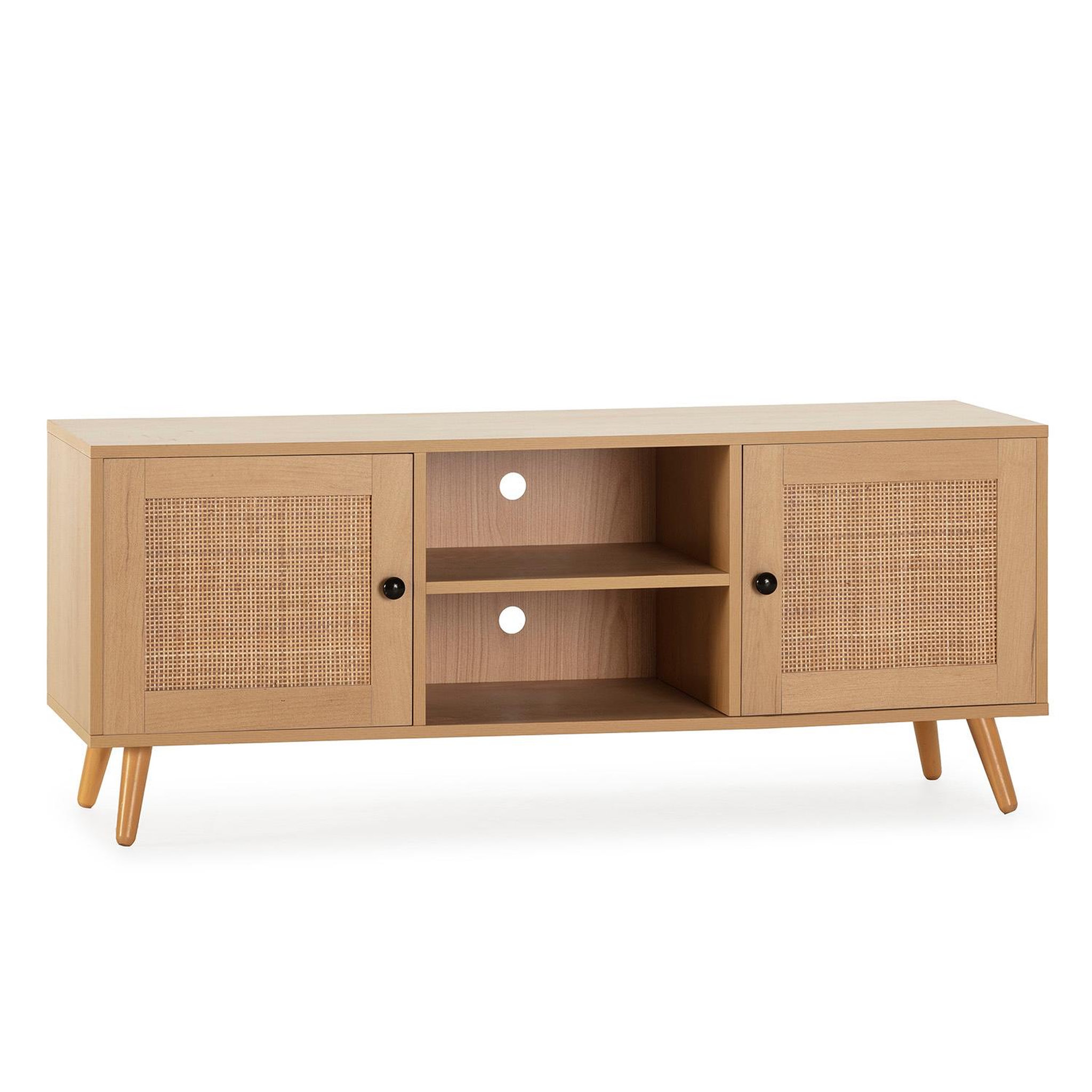 VS VENTA-STOCK Meuble TV Bella 2 Portes Couleur Chêne avec Rotin Naturel