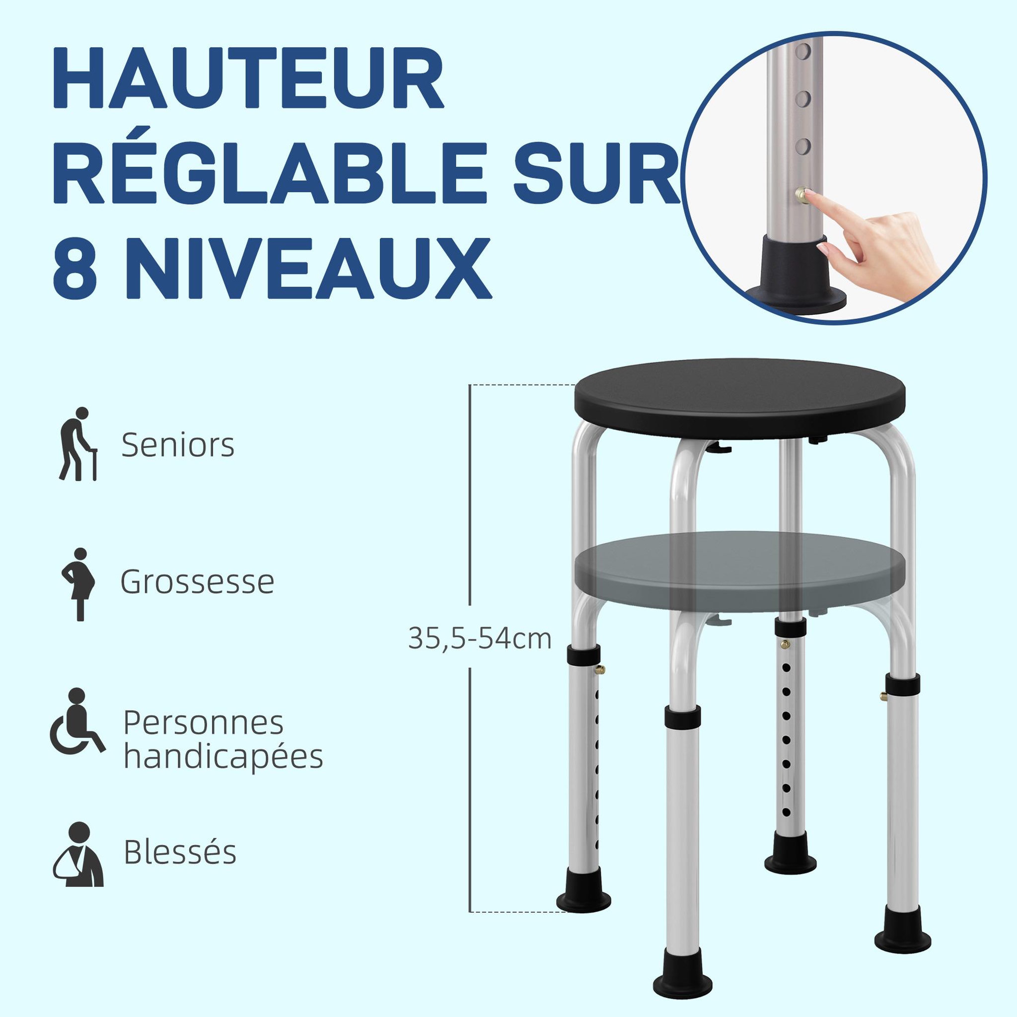 Voir la diapositive 6 : HOMCOM Tabouret de douche réglable en hauteur siège de douche ergonomique pieds antidérapants charge max. 136 kg alu hdpe noir