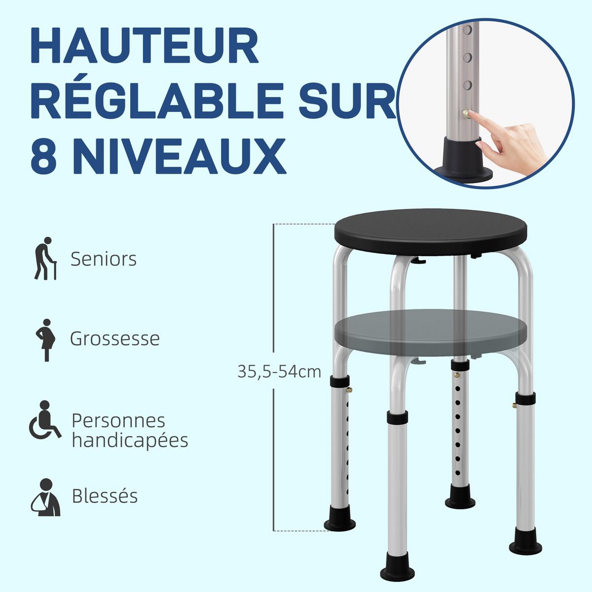 HOMCOM Tabouret de douche réglable en hauteur siège de douche ergonomique pieds antidérapants charge max. 136 Kg alu HDPE noir