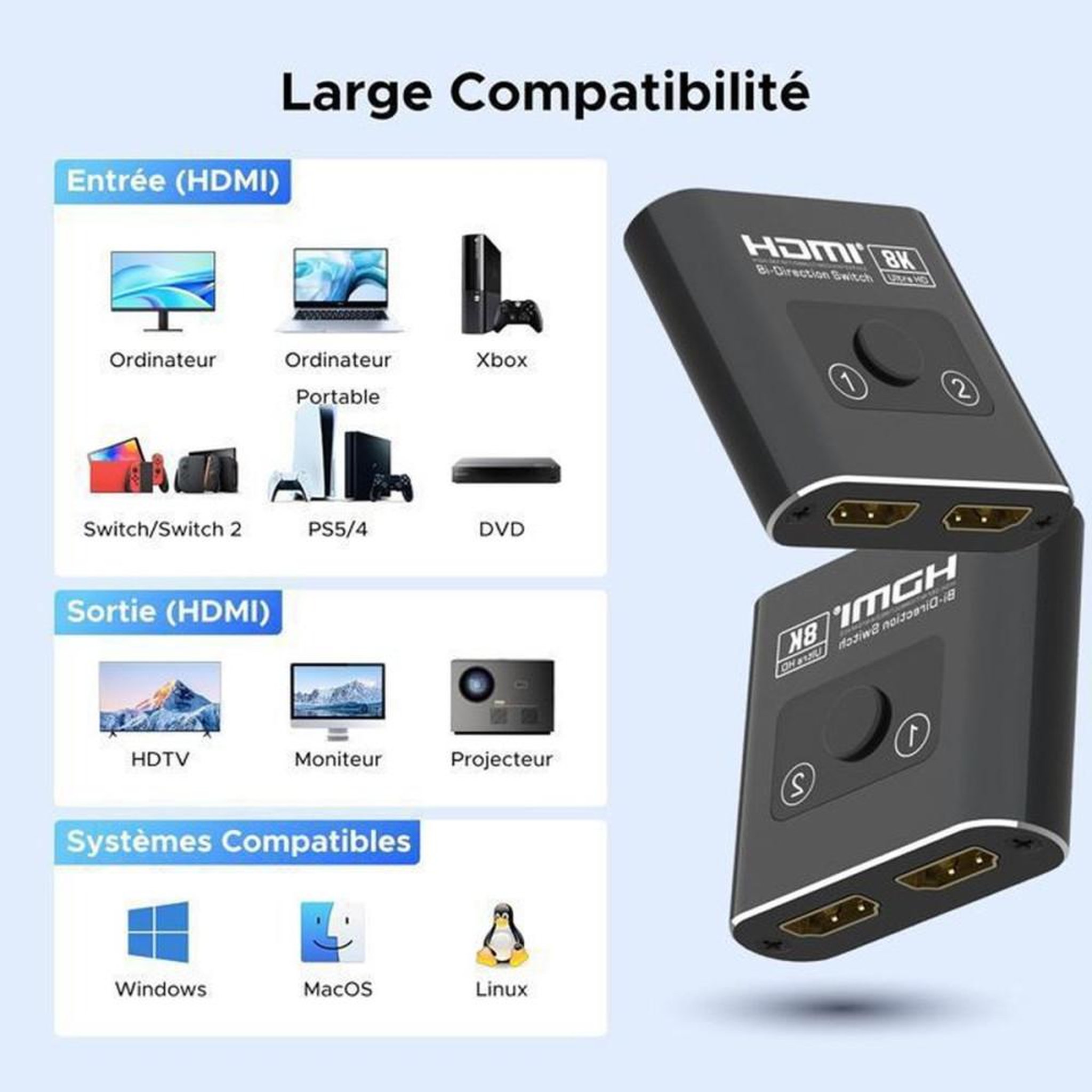 Voir la diapositive 6 : Coffret HDMI 2.1 bi-directionnel 2x1 avec sélection en façade, switch pour 2 sources vers 1 écran, 8K@60Hz et 4K@240Hz, VRR, Dolby Atmos, noir