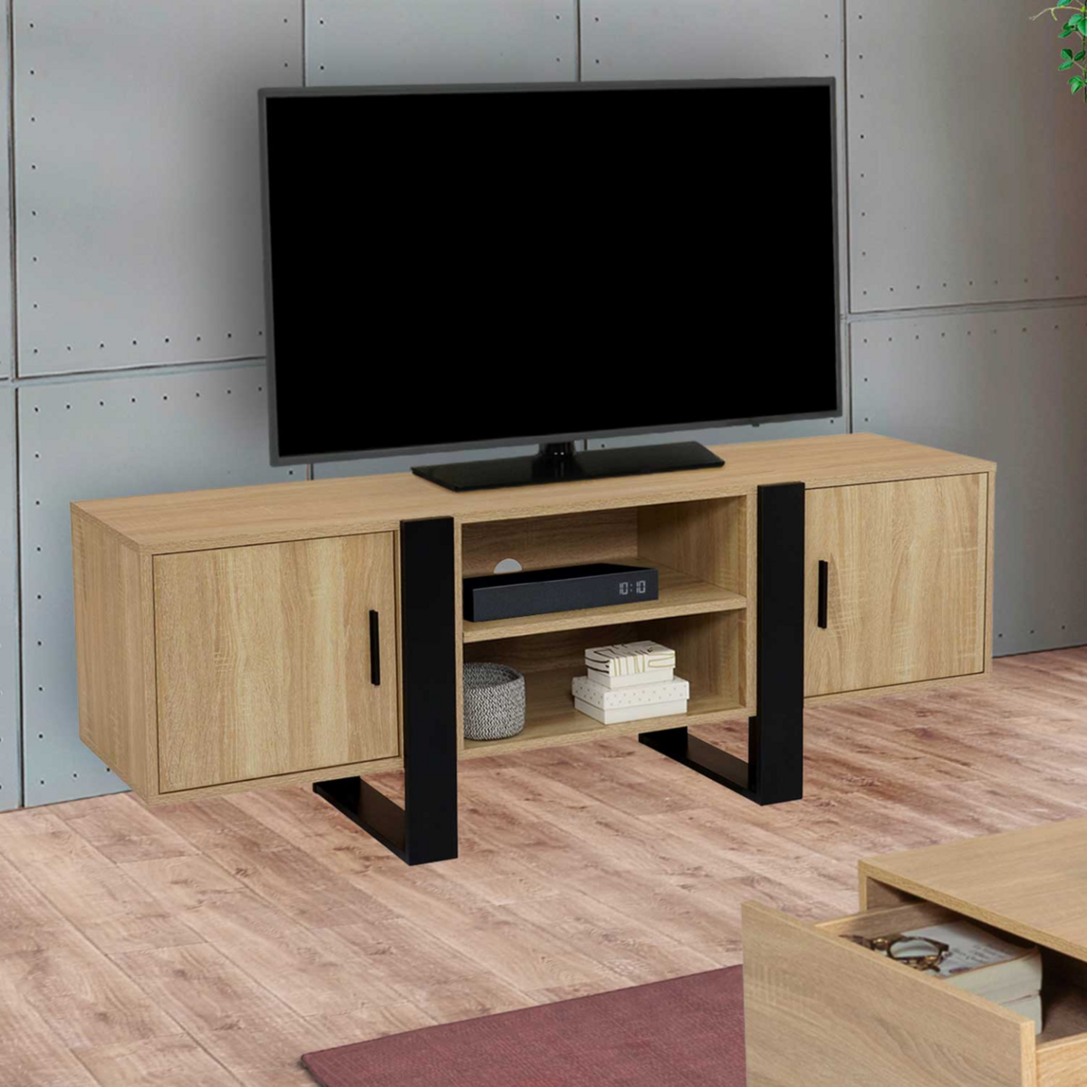 ID MARKET Meuble TV 140 cm PHOENIX 2 portes bois et noir