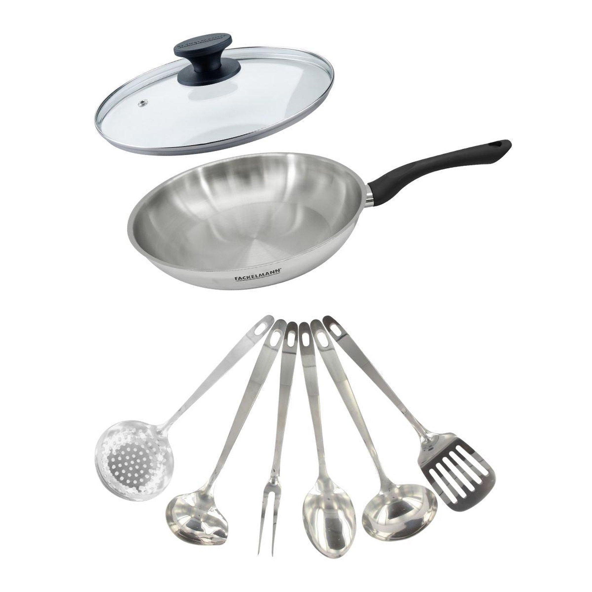 Fackelmann Set poêle 28 cm en inox, couvercle verre et 6 ustensiles inox fackelmann geneva
