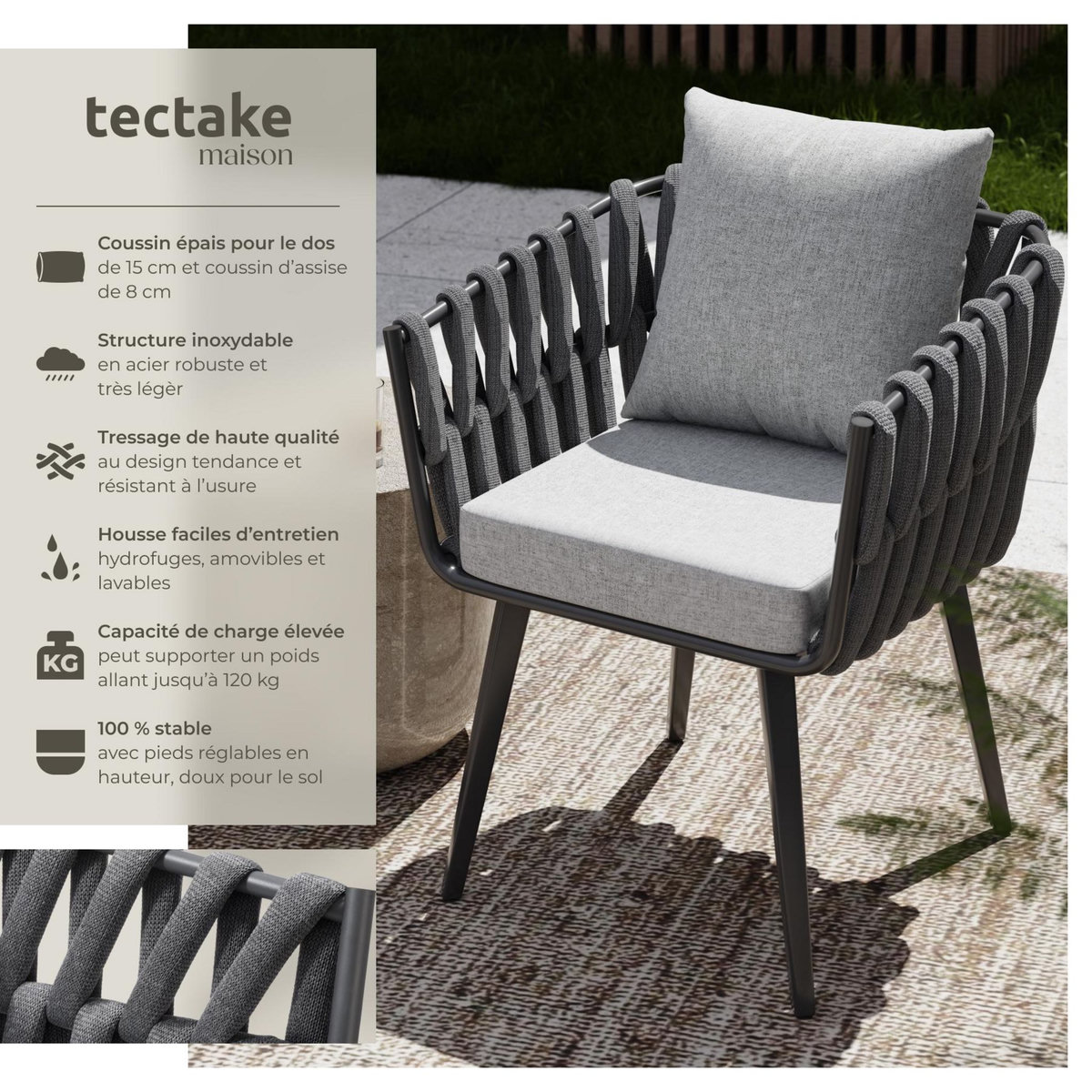 tectake Chaise avec cadre en aluminium gris anthracite