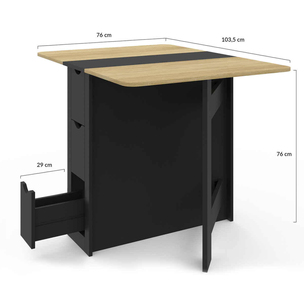 ID MARKET Table console pliable EDI 2-4 personnes avec 3 tiroirs noirs plateau façon hêtre 103 x 76 cm