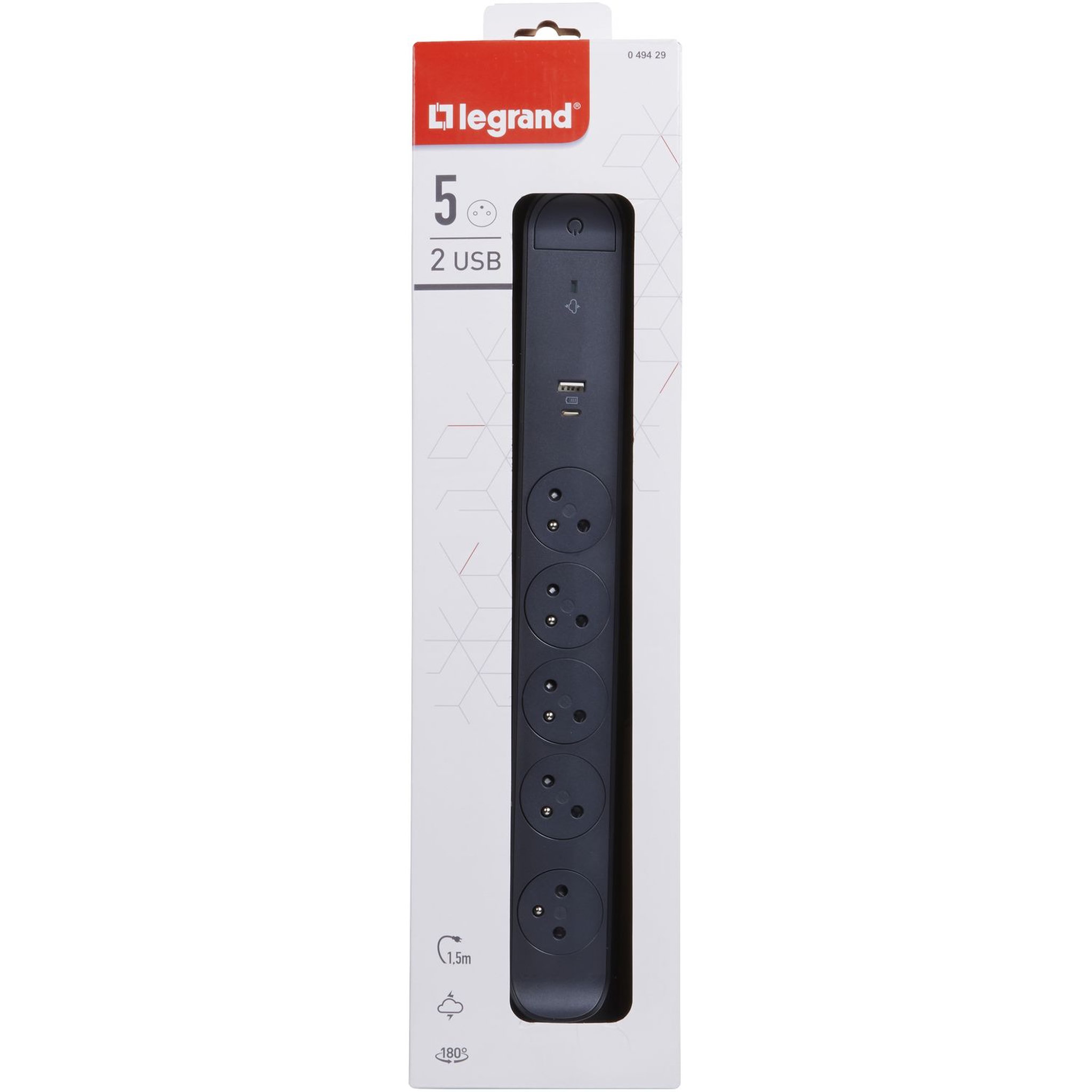 Voir la diapositive 3 : Trefiliaction  Rallonge 5x2P+T Surface - inter, cordon 1,5m, parafoudre et USB A+C- noir/gris