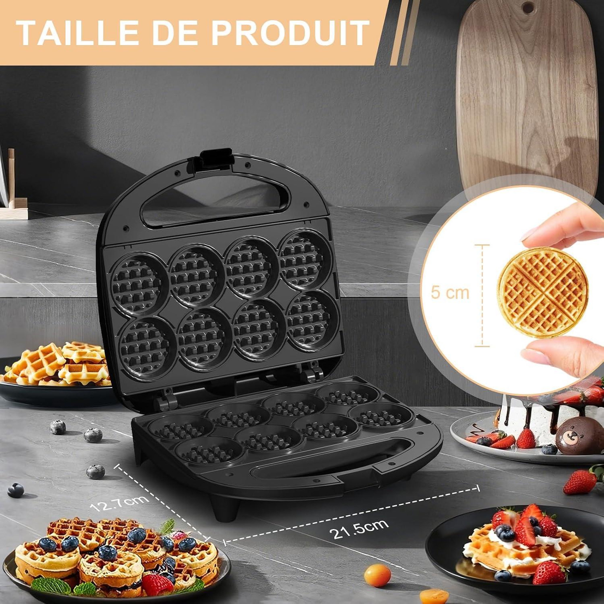 Voir la diapositive 5 : YASHE Mini gaufrier, 750 W, 8 gaufres de 5 cm, noir