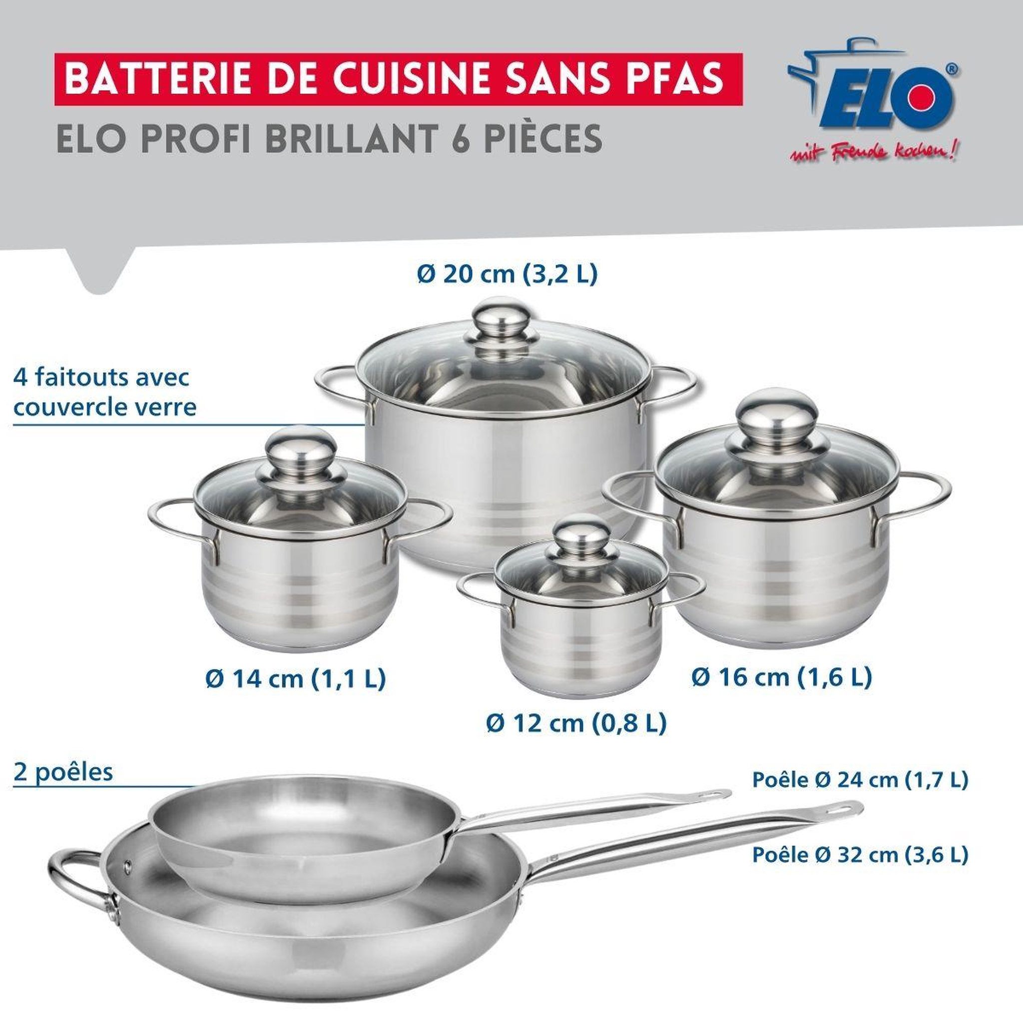 Voir la diapositive 2 : ELO Ensemble de 2 poêles de cuisson 24 et 32 cm et 4 faitouts 12, 14, 16 et 20 cm elo profi brillant
