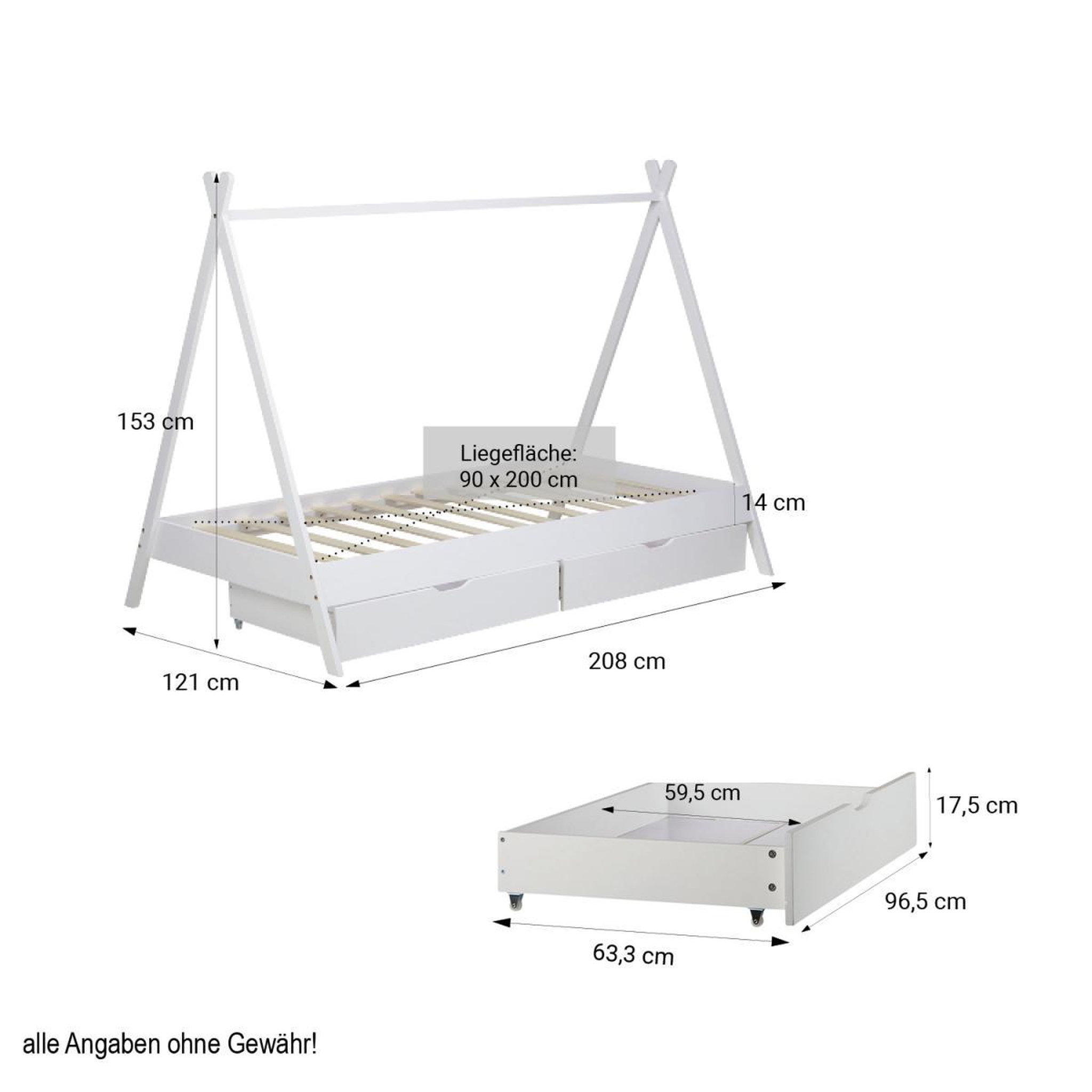 Voir la diapositive 3 : HomeStyle4U Lit enfant Tipi 90x200 Blanc avec Sommier à Lattes Tiroir 2 tiroirs et Tissu de Tente Gris étoilé