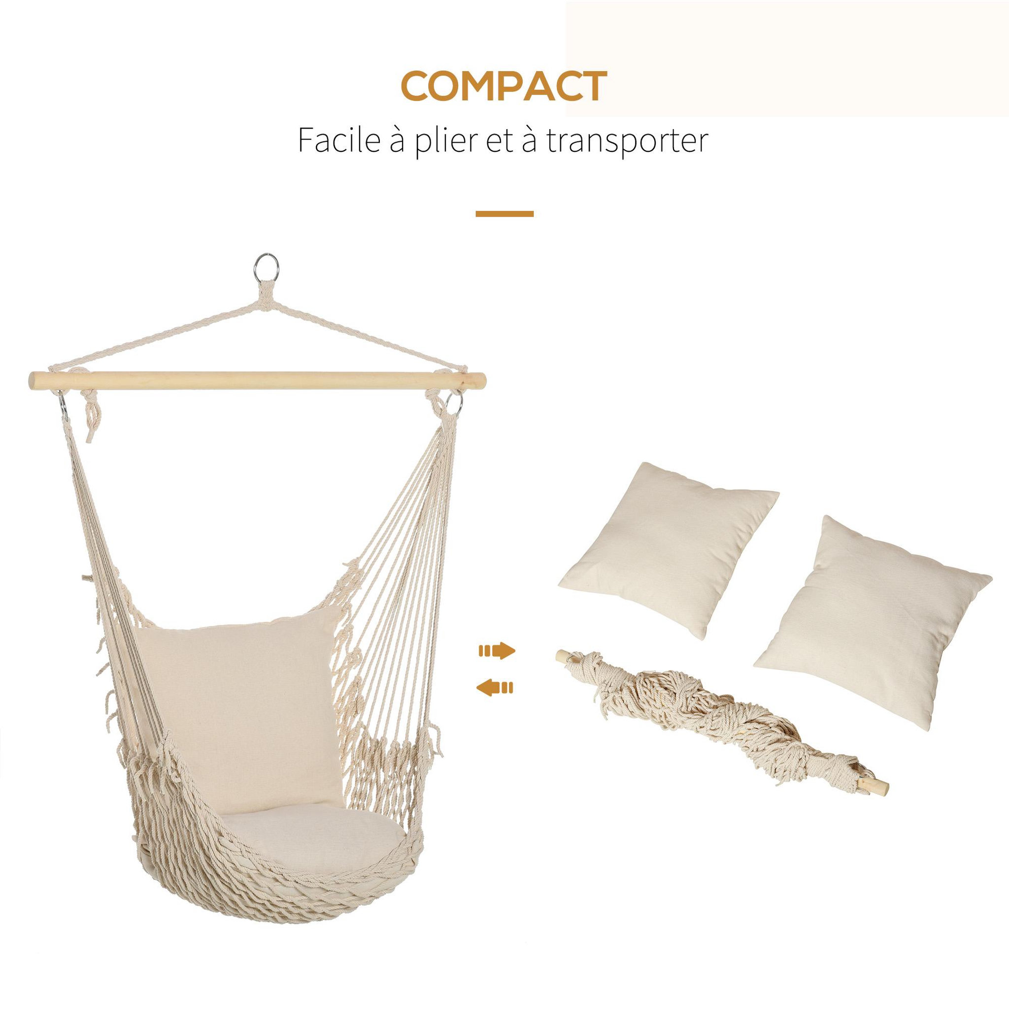 Voir la diapositive 4 : OUTSUNNY Chaise suspendue - fauteuil suspendu - assise dossier rembourrés - bois macramé tissu beige