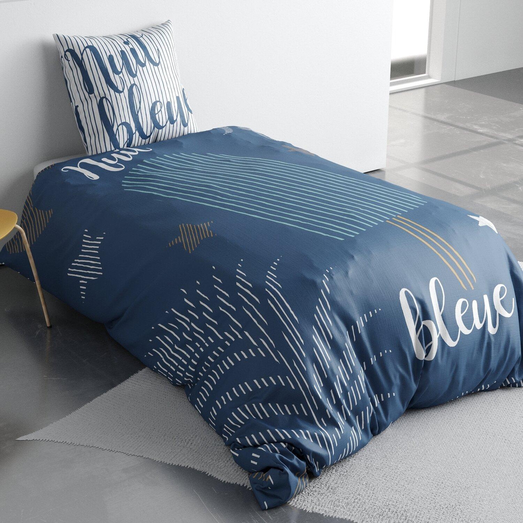 Voir la diapositive 3 : Les Ateliers du Linge Parure housse de couette 2pcs 140x200cm 100%coton 47fils nuit bleue