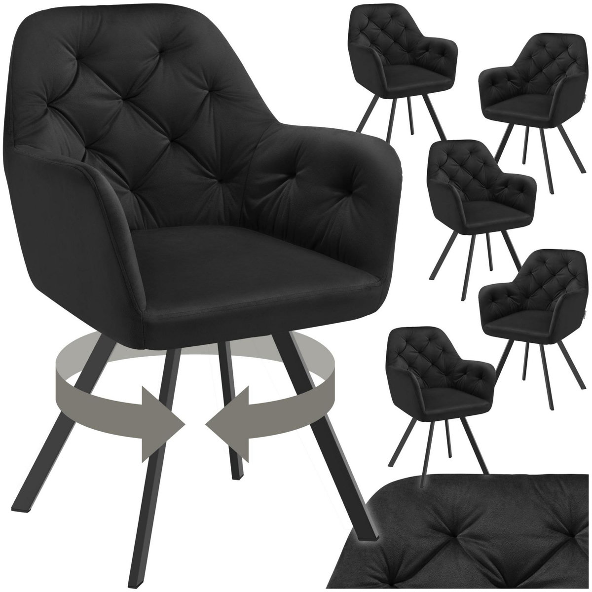 tectake Fauteuil pivotant en velours avec accoudoirs rembourré avec motif matelassé noir Lot de 6