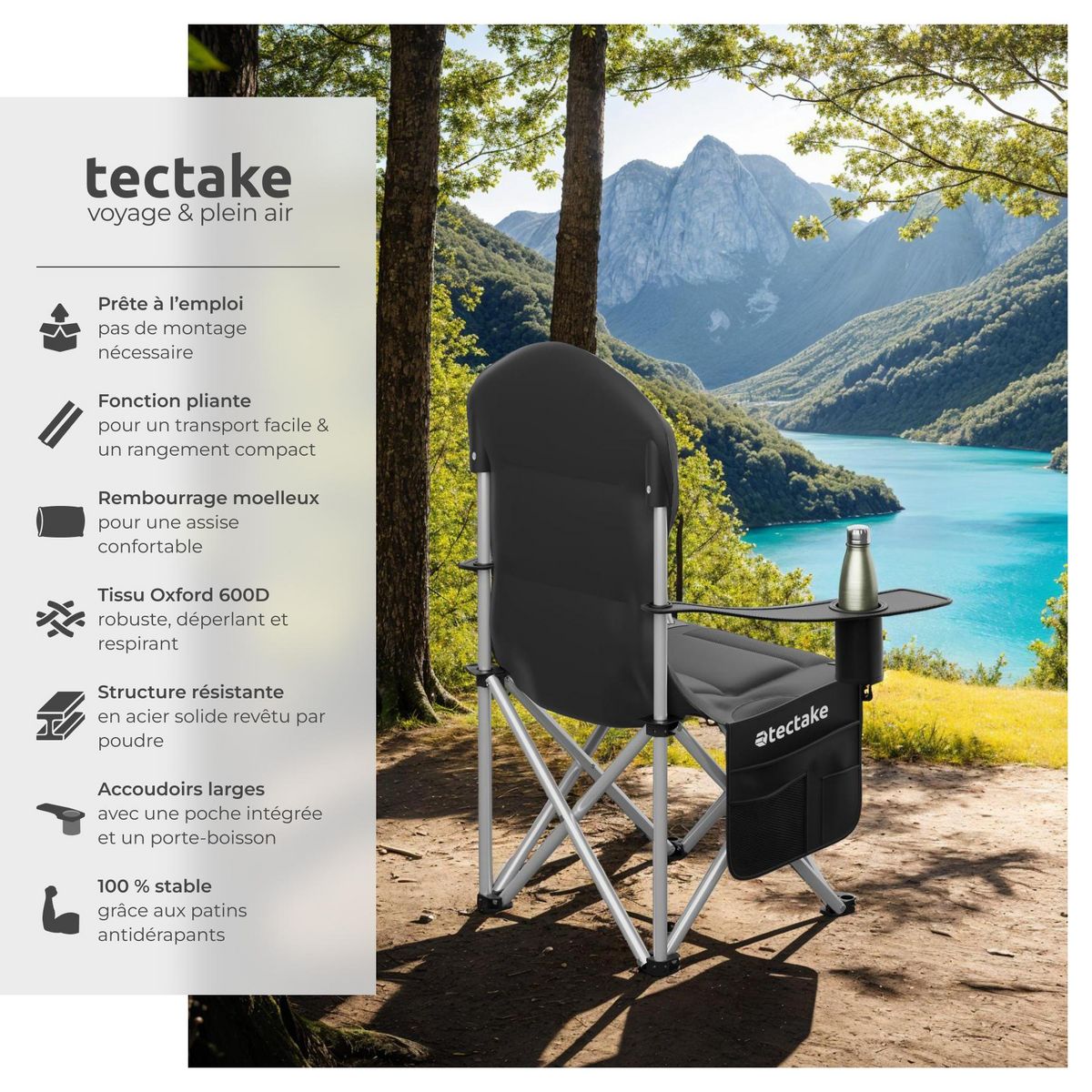 tectake Chaise de camping rembourrée pliable avec sac de transport inclus noir